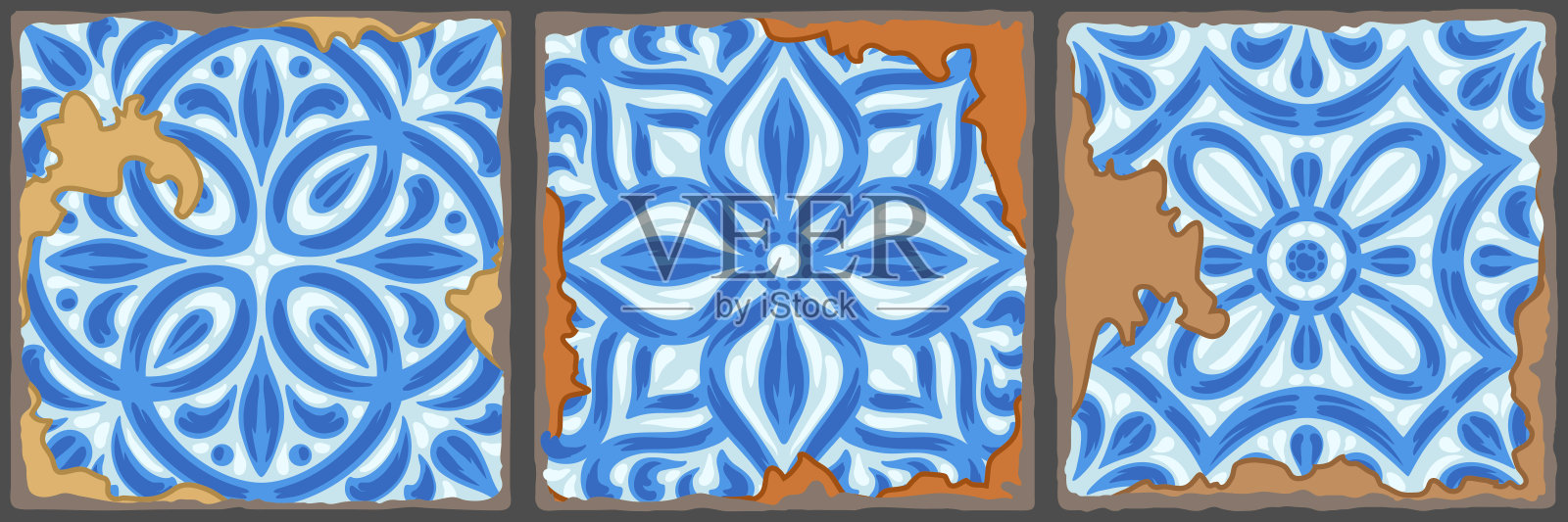 葡萄牙阿祖莱霍复古瓷砖图案。旧的垃圾背景,有破损的搪瓷瓷砖。意大利陶器或西班牙陶器。插画图片素材