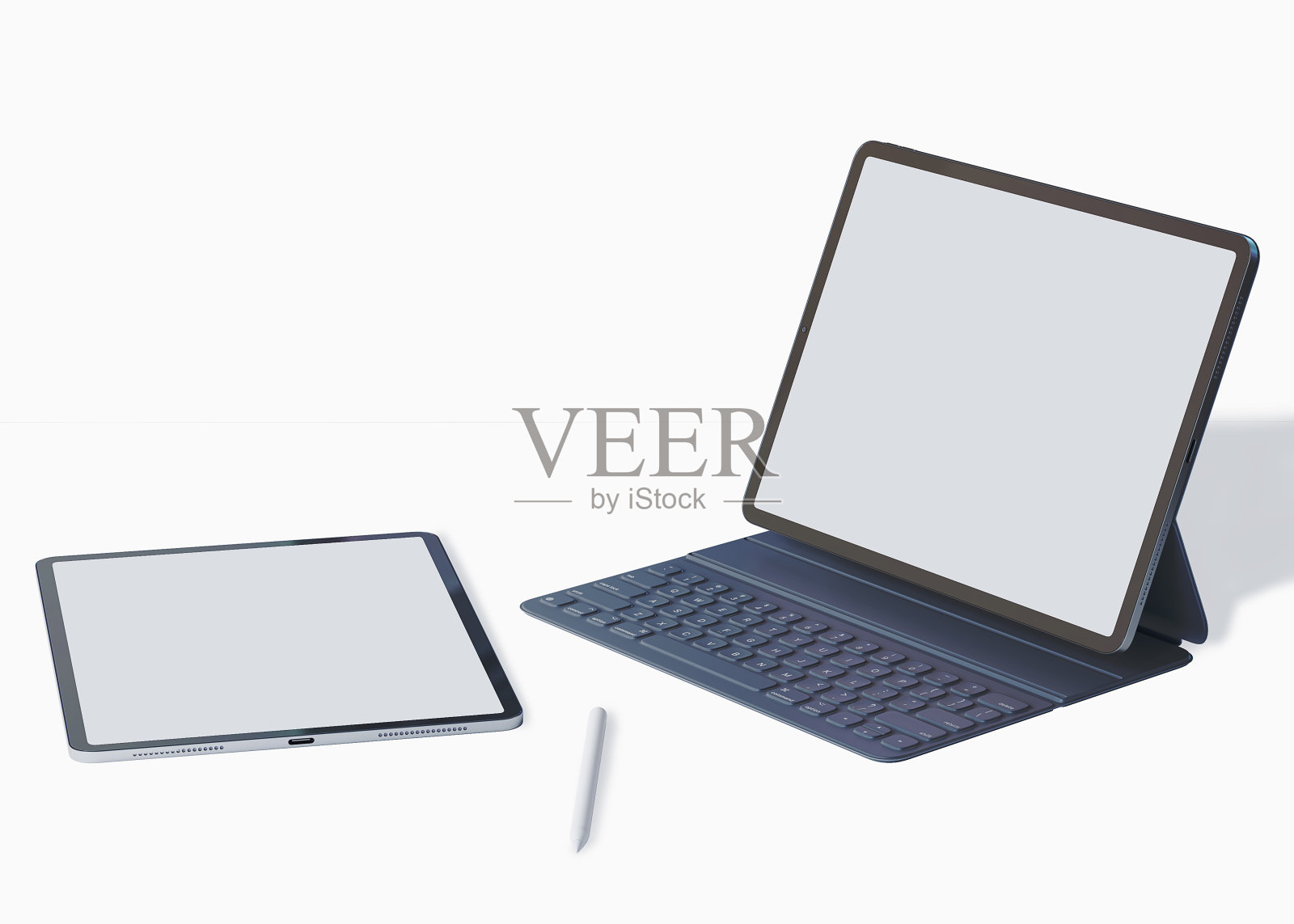 平板电脑,带键盘的电脑,白底黑屏。照片摄影图片