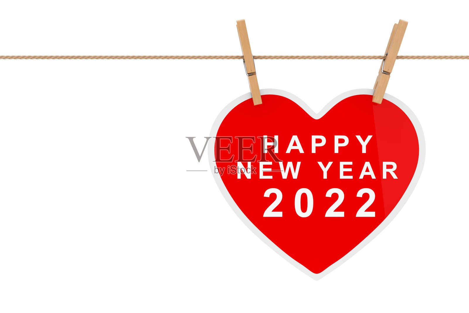 绳子上挂着2022年新年快乐标志的红纸心。3d渲染照片摄影图片
