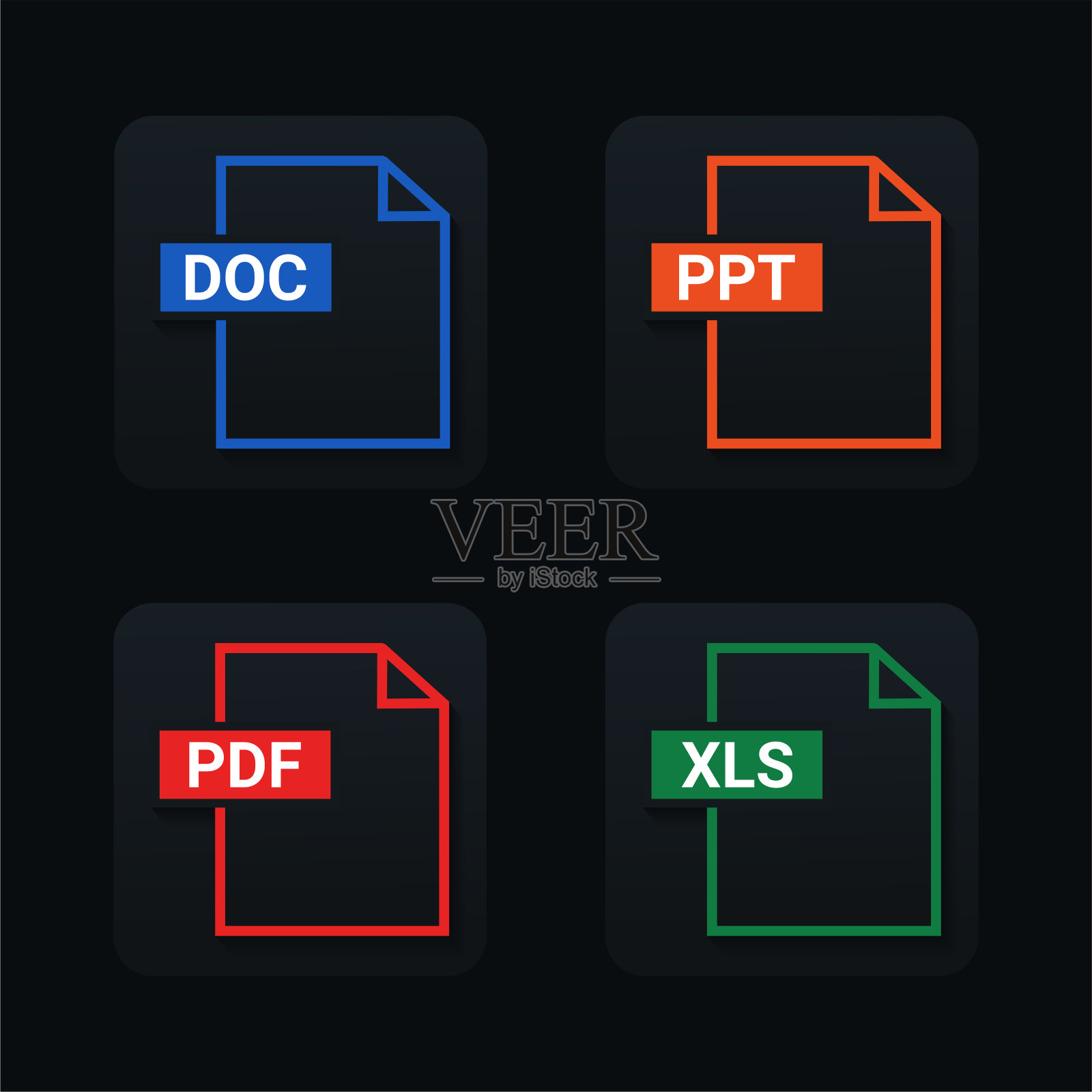 文件的格式和扩展集。PDF, DOC, PPT和XLS。文件类型。孤立在黑色背景上。插画图片素材