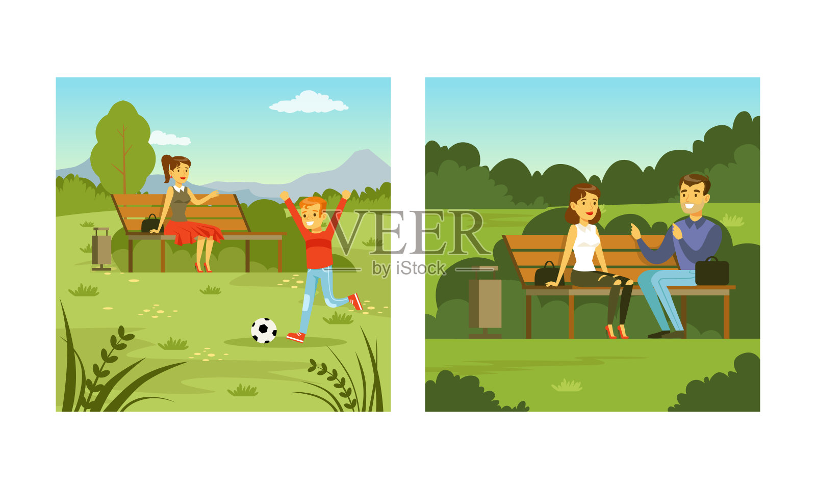 男人和女人享受户外散步坐在公园的长凳和谈话向量集插画图片素材