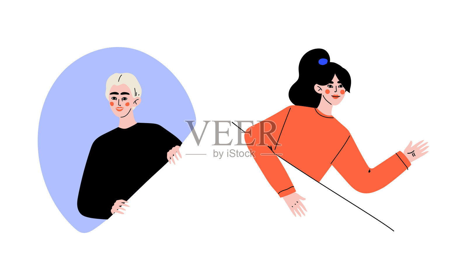 年轻的男人和女人看着窗外和挥手向量集插画图片素材