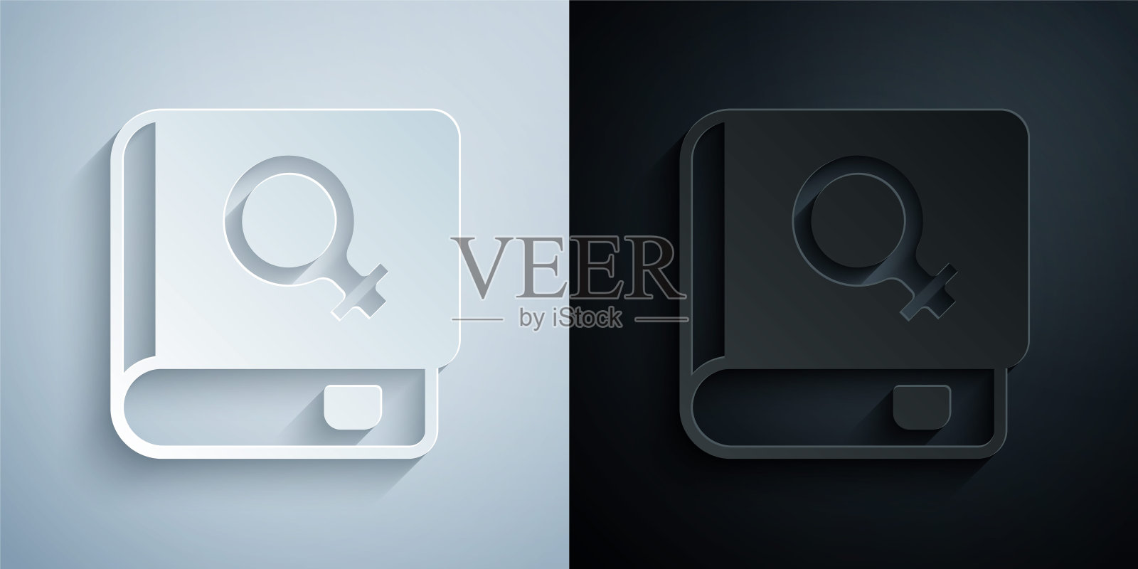 剪纸书关于女性图标孤立在灰色和黑色的背景。3月8日。国际妇女节快乐。纸艺术风格。向量图标素材