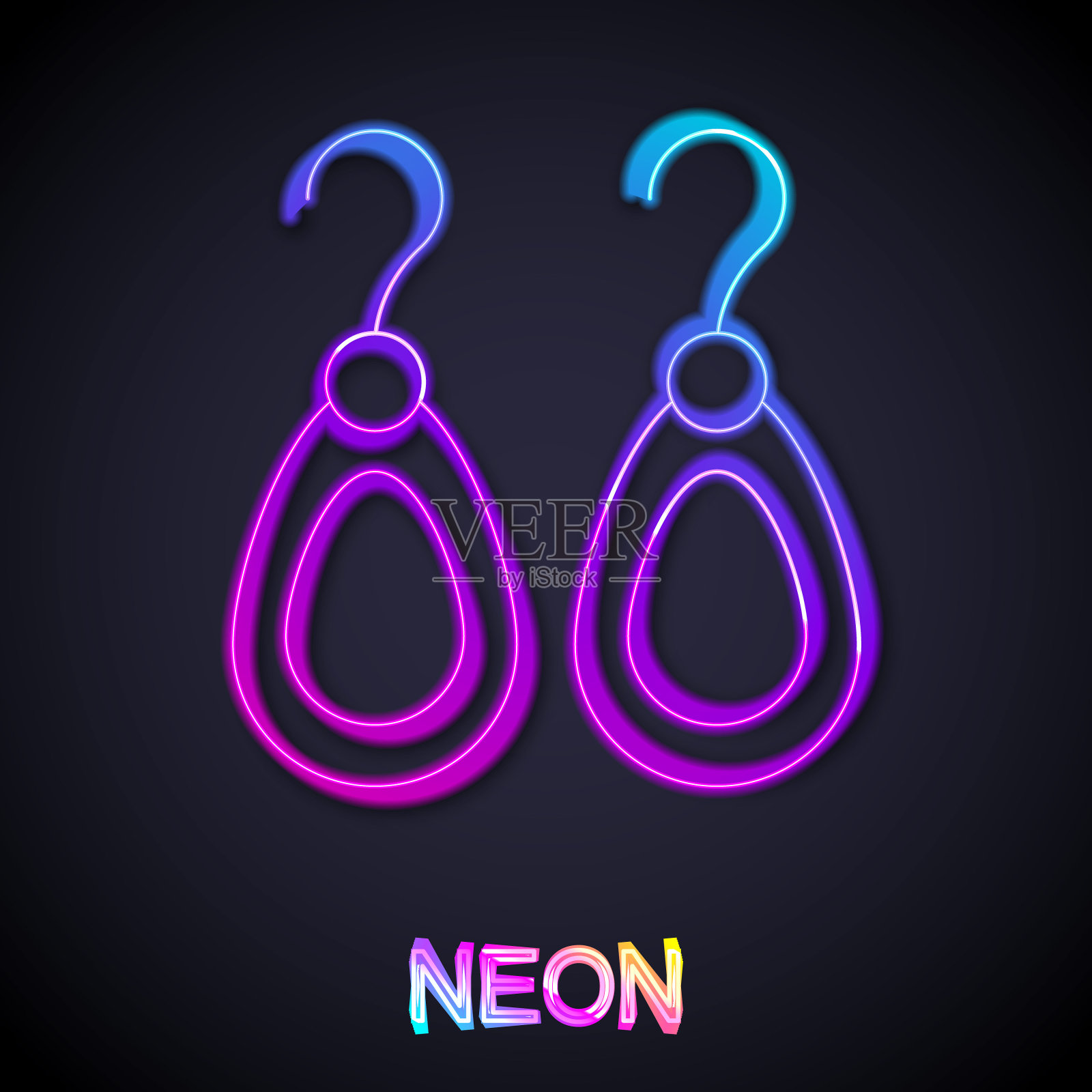 发光的霓虹灯线耳环图标孤立在黑色背景。珠宝配饰。向量插画图片素材