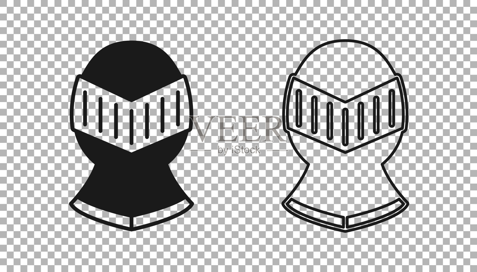 黑色中世纪铁头盔的头部保护图标隔离在透明的背景。骑士的头盔。向量插画图片素材