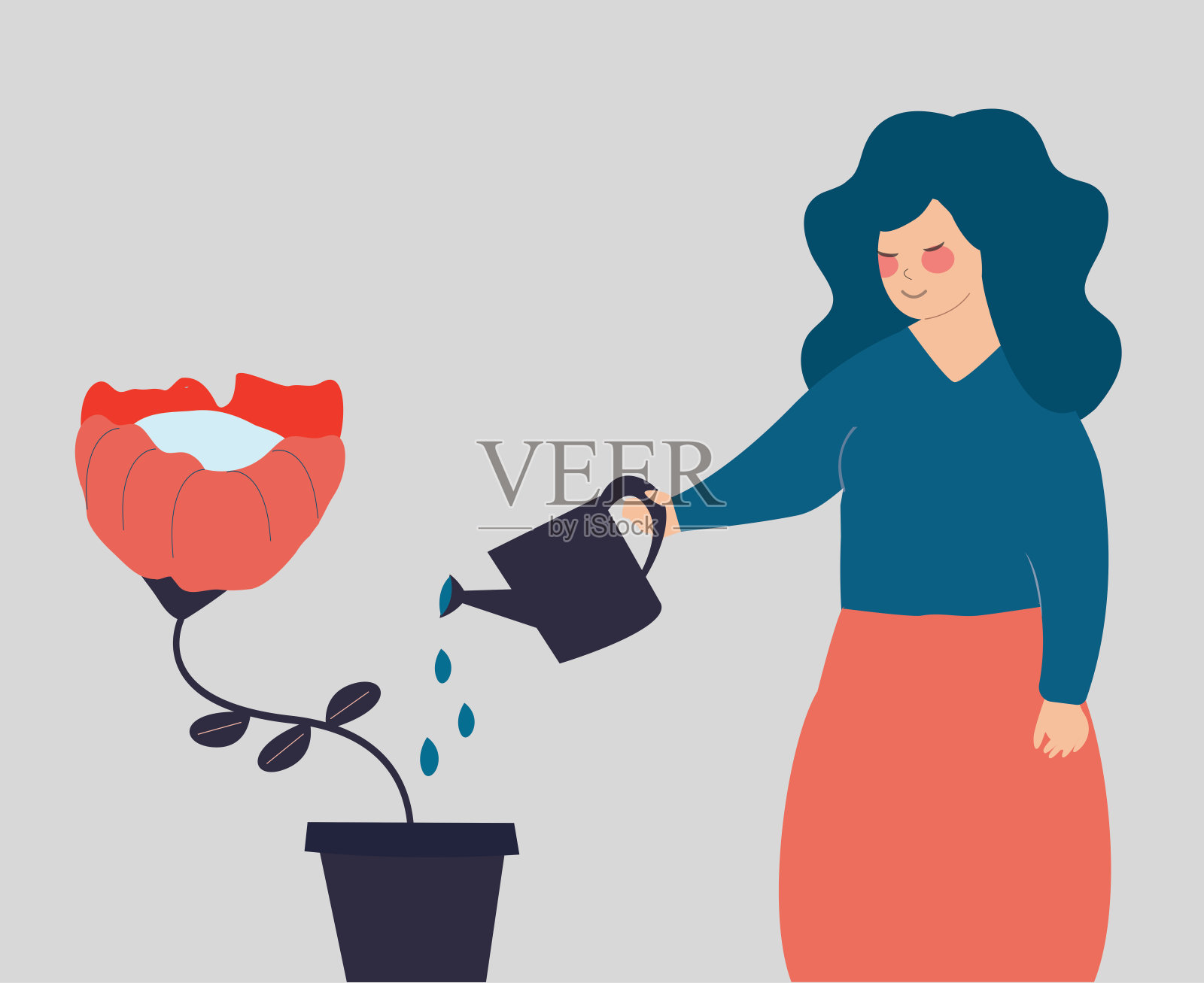 一个年轻的女园丁种了一朵红花。女孩照顾她的植物。插画图片素材