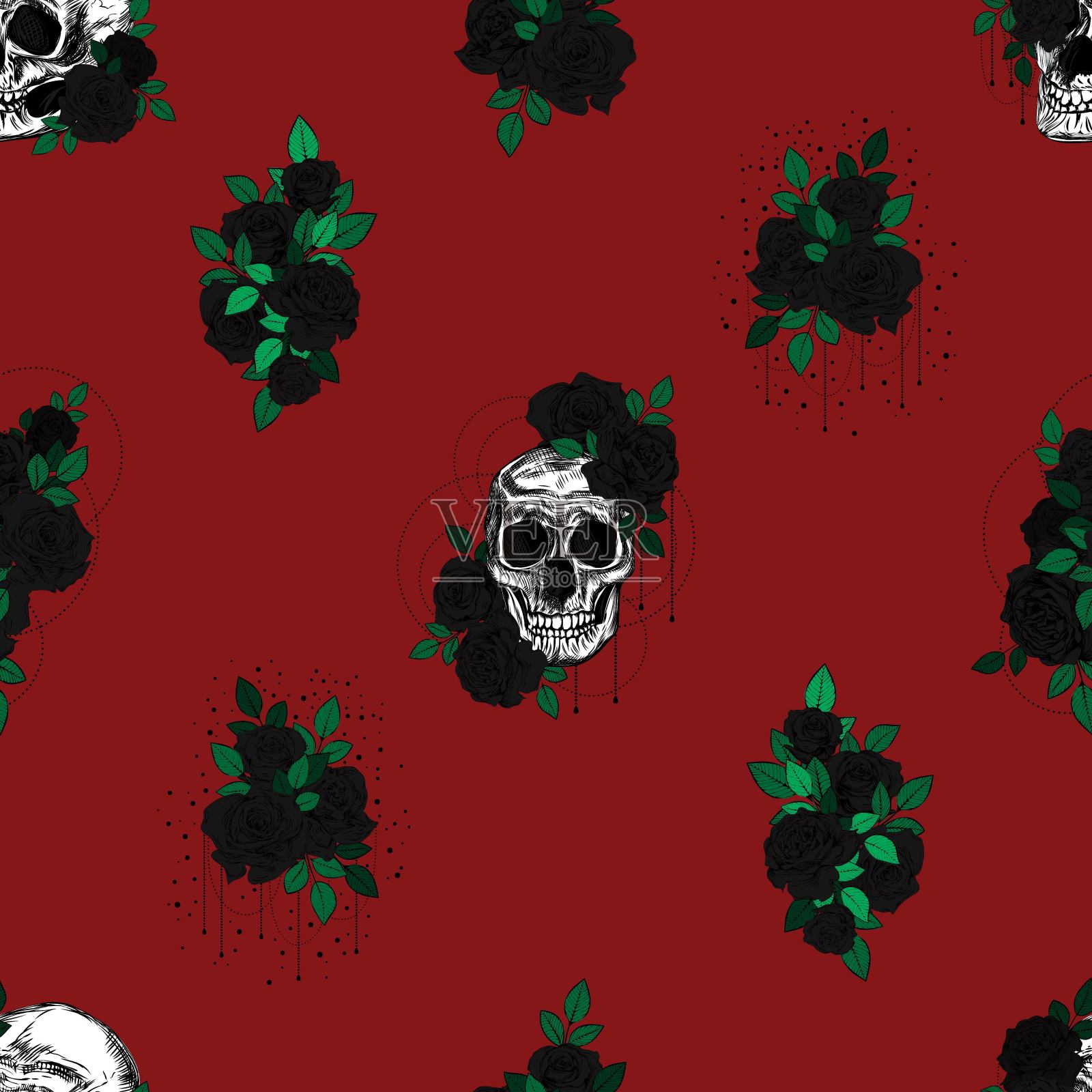 玫瑰和蛇无缝模式。古董纹身背景。插画图片素材