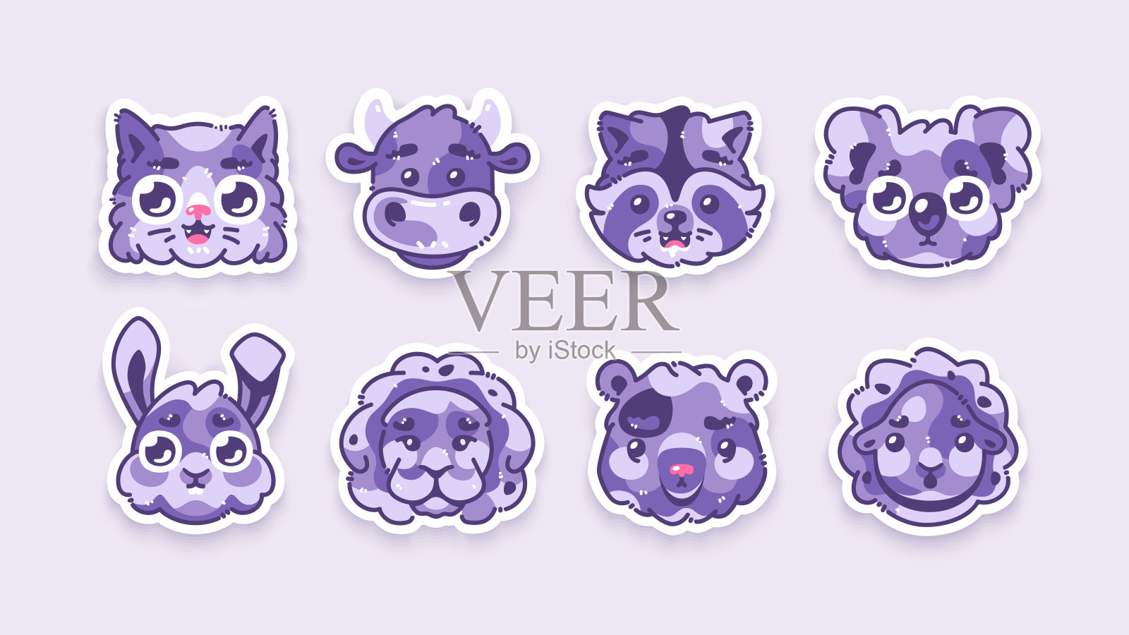 动物组孤立。儿童有趣的卡通人物。Emoji贴纸。猫,牛,浣熊,考拉,野兔,狮子,熊,羊。简单的现代设计与阴影。矢量插图。eps10持平。插画图片素材