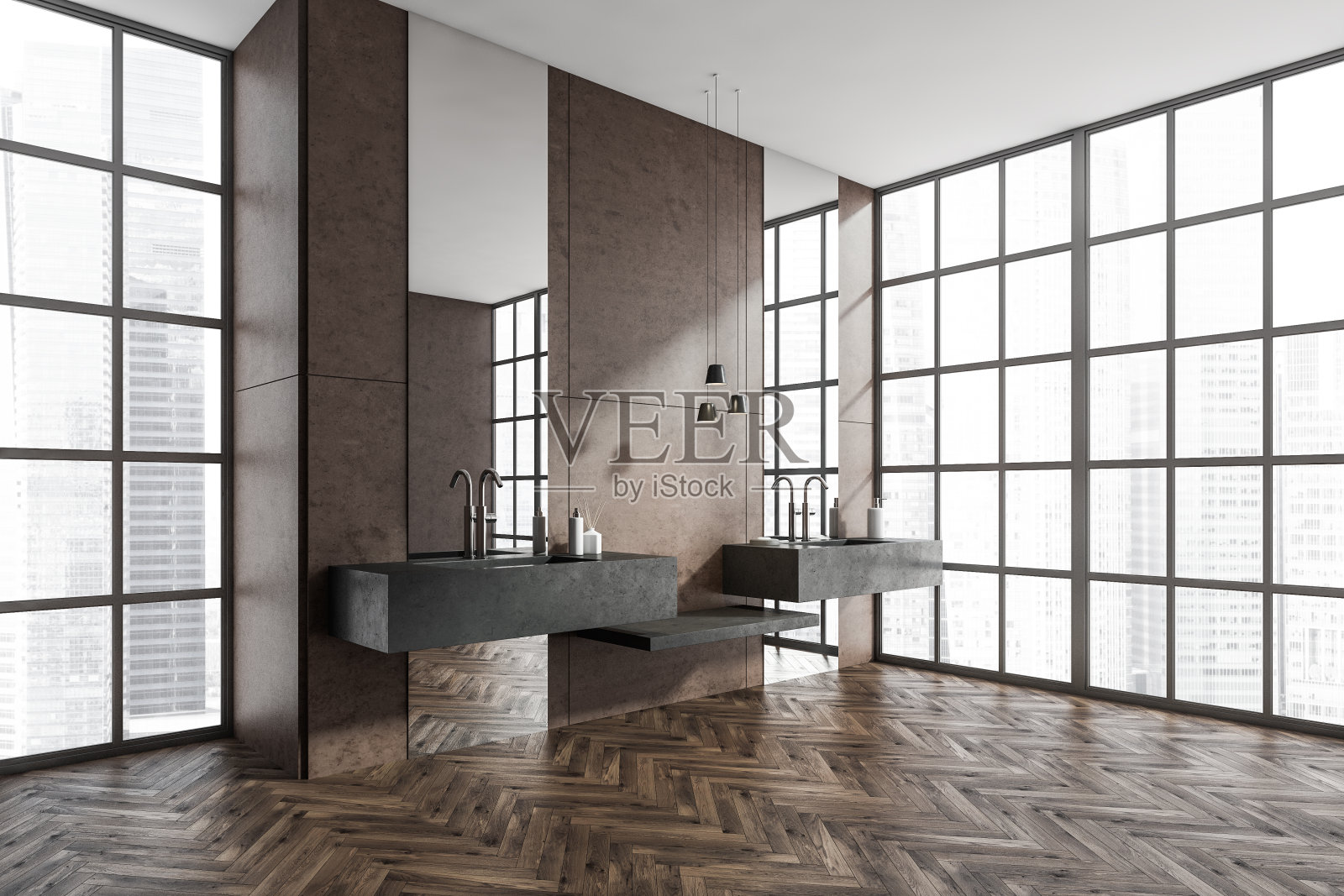 角落的观点浴室内部与双水槽,全景窗照片摄影图片