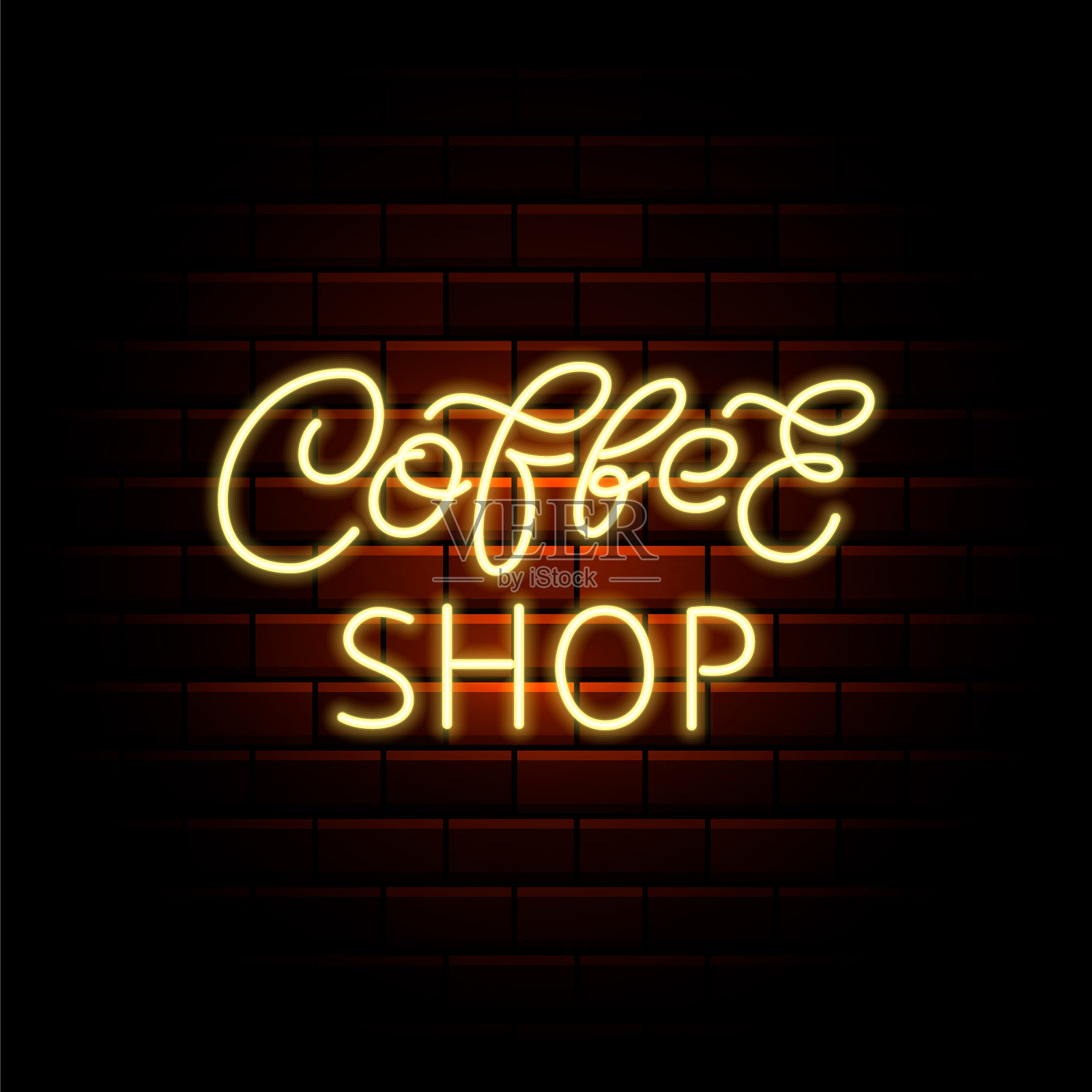 咖啡店霓虹灯刷字。明亮的推广。外发光效果海报。分离矢量图例插画图片素材