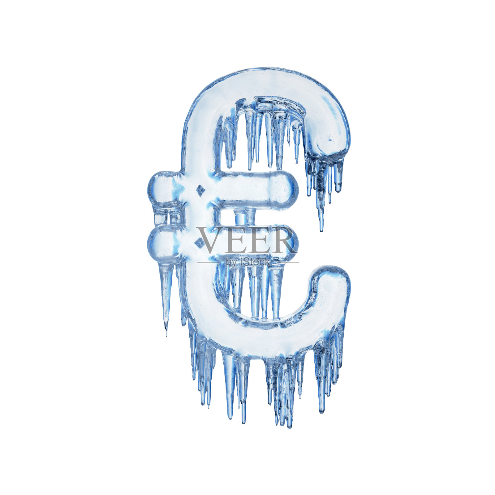 由白色背景上分离的蓝色融化的冰组成的欧洲字母标志。照片摄影图片