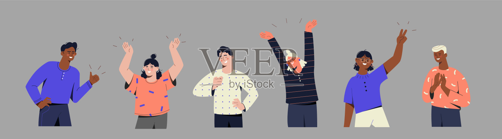 一组年轻的男性和女性快乐的人物站在一起在灰色的背景插画图片素材