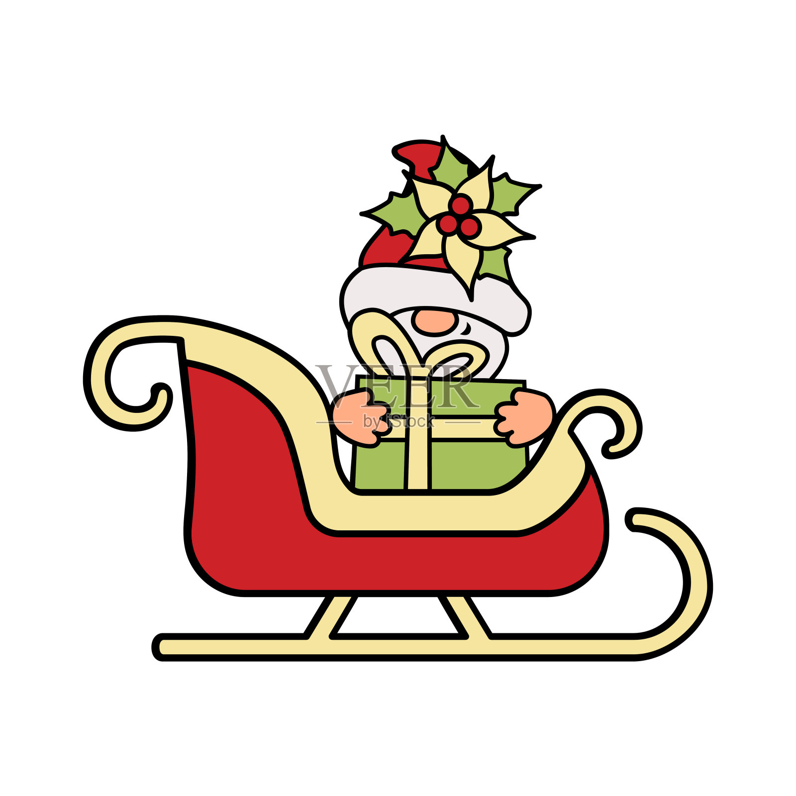 圣诞精灵带着礼物盒坐在雪橇上。设计元素在白色背景上。矢量插图。设计元素图片