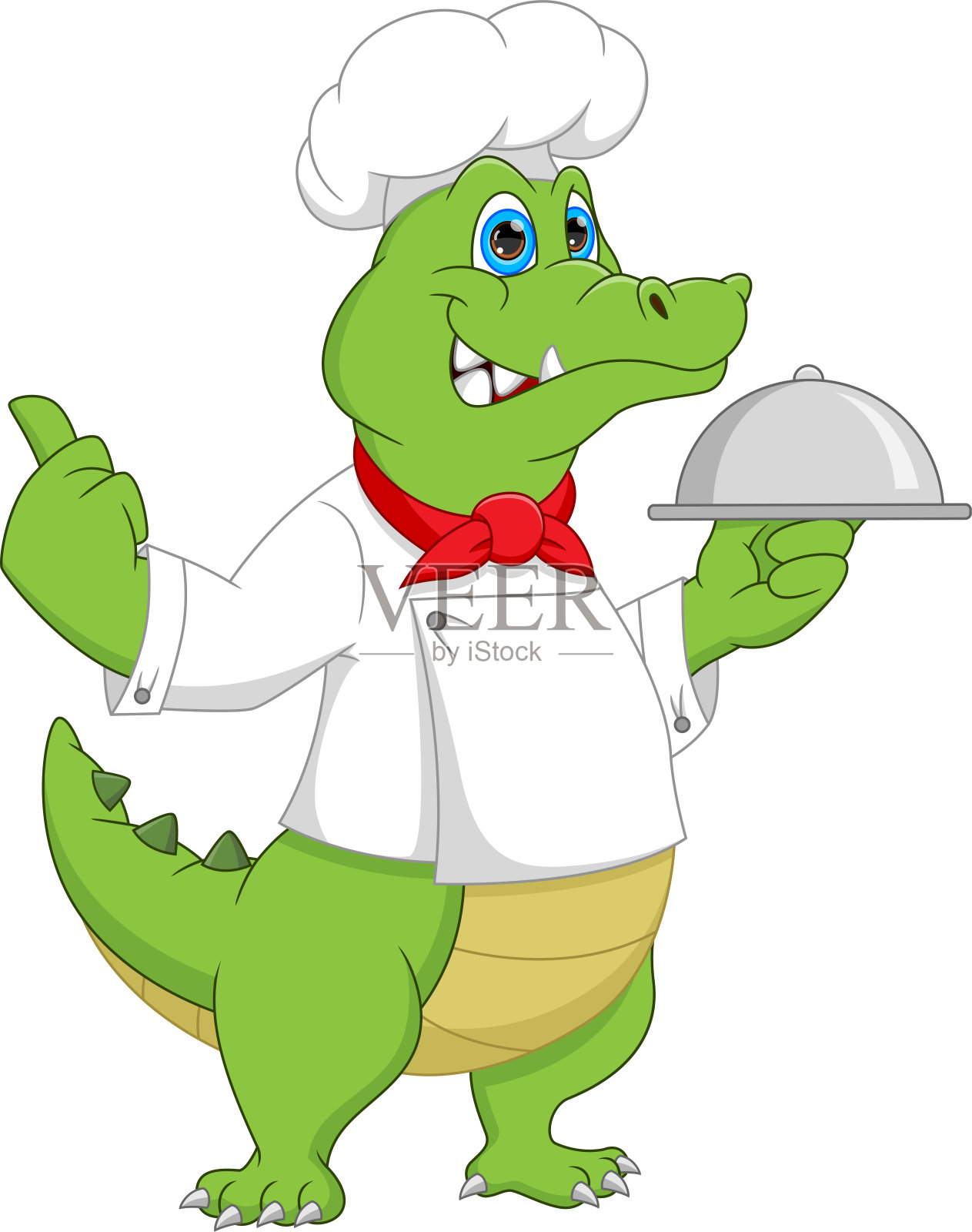 卡通厨师鳄鱼端着食物托盘插画图片素材