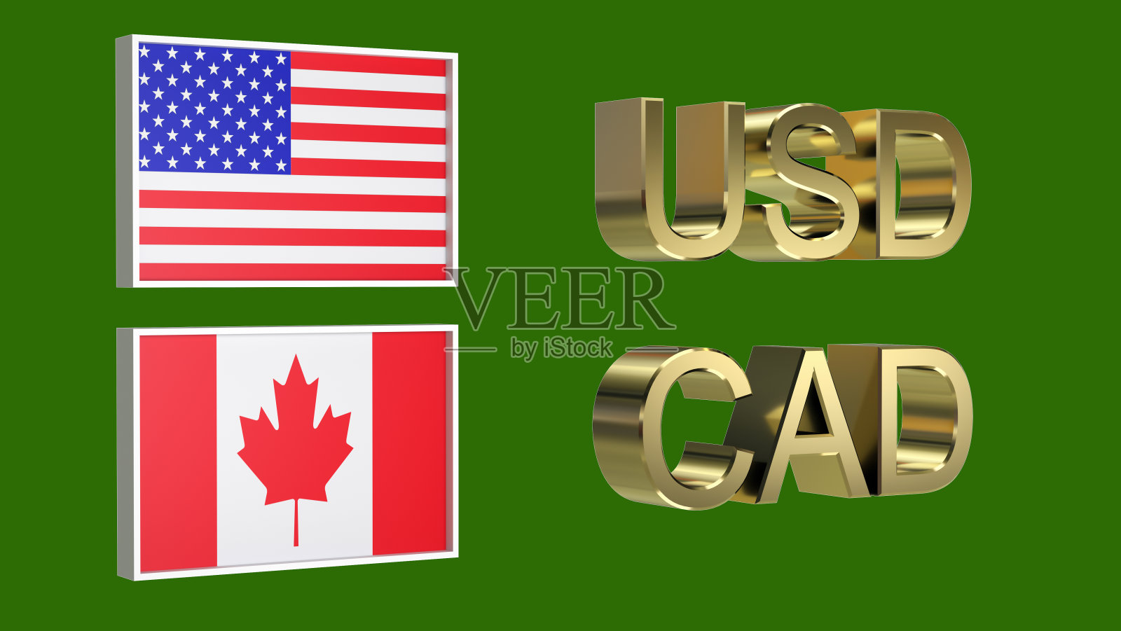 镀金美元和CAD符号连同美国和加拿大的旗帜在中性绿色背景。金融的概念。照片摄影图片