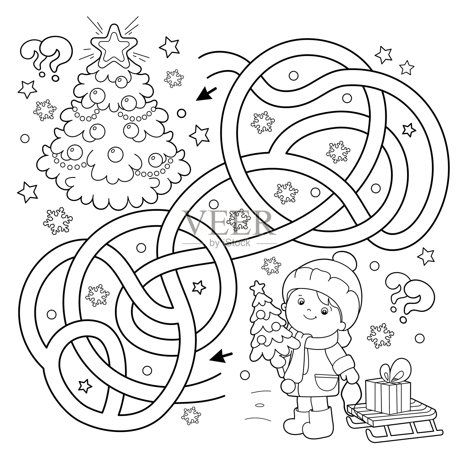 迷宫或迷宫游戏。谜题。错综复杂的道路。涂色页大纲的孩子与礼物在圣诞树。圣诞节。新年。儿童涂色本。插画图片素材