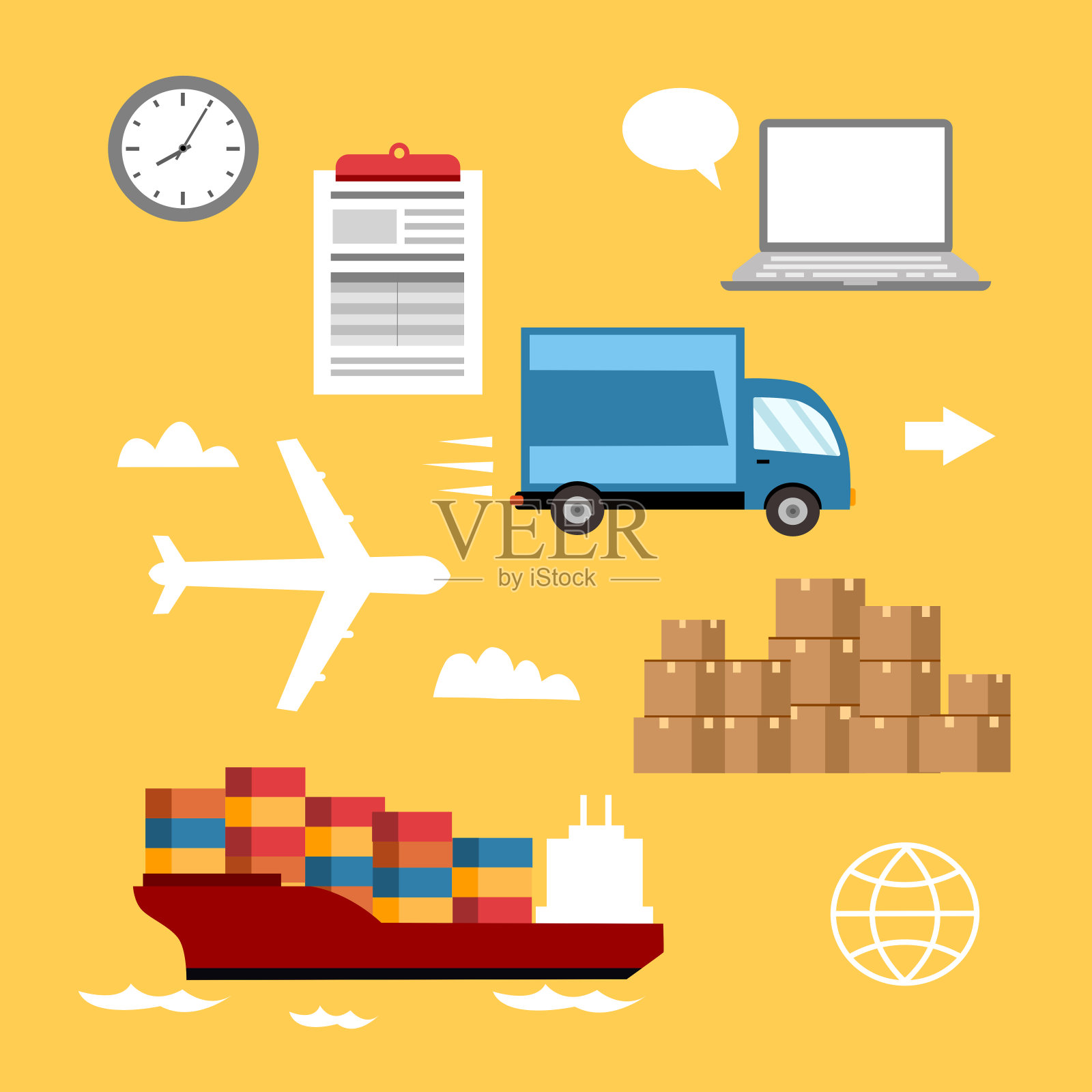 网上业务全球贸易与快递国际航运矢量插图。包装,飞机,运输卡车,船舶和文件的平面设计。插画图片素材