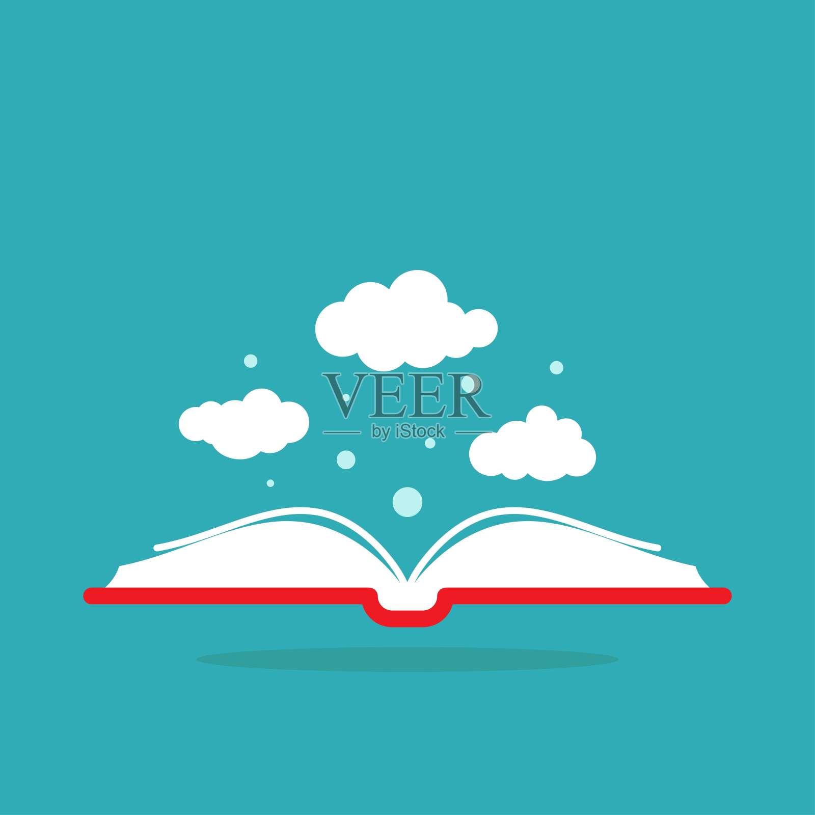 翻开一本书,红皮书封面,白云飞了出来。分离在粉蓝色背景上。插画图片素材