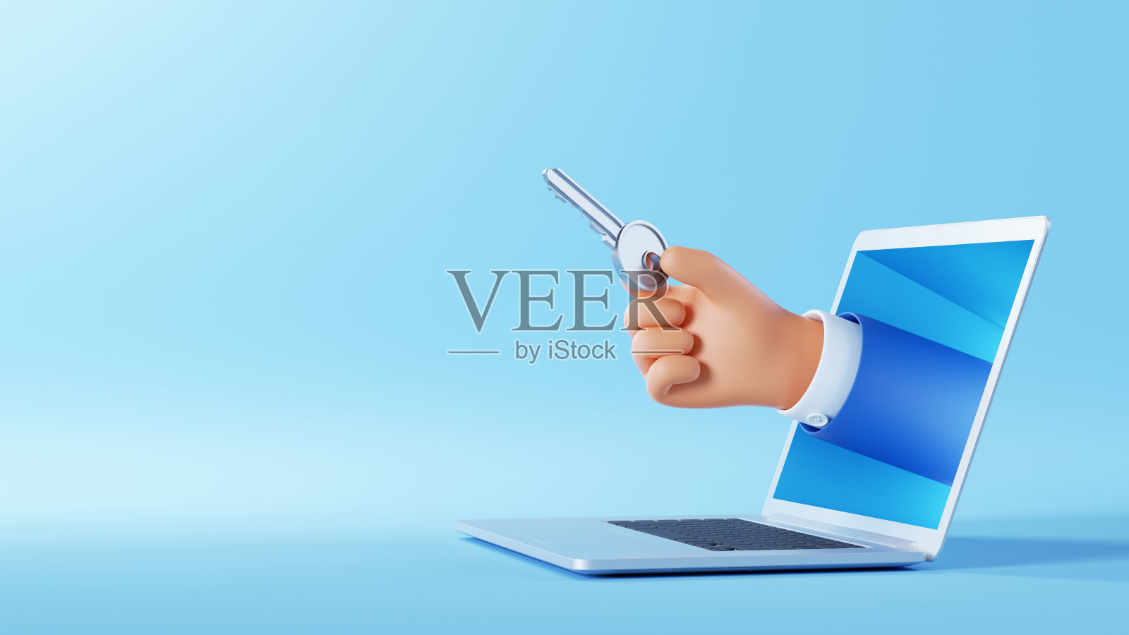 3 d演示。卡通人物商人手伸出笔记本电脑屏幕,手里拿着钥匙。计算机访问密码剪辑艺术隔离在蓝色背景。网络安全的概念照片摄影图片