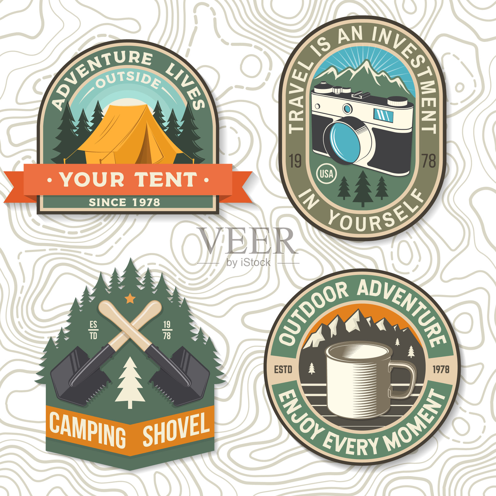 集旅行鼓舞人心的引号矢量补丁或贴纸。概念的衬衫或符号,印刷,邮票。设计与复古相机,野营马克杯,帐篷,铲子和山轮廓露营引用。设计元素图片