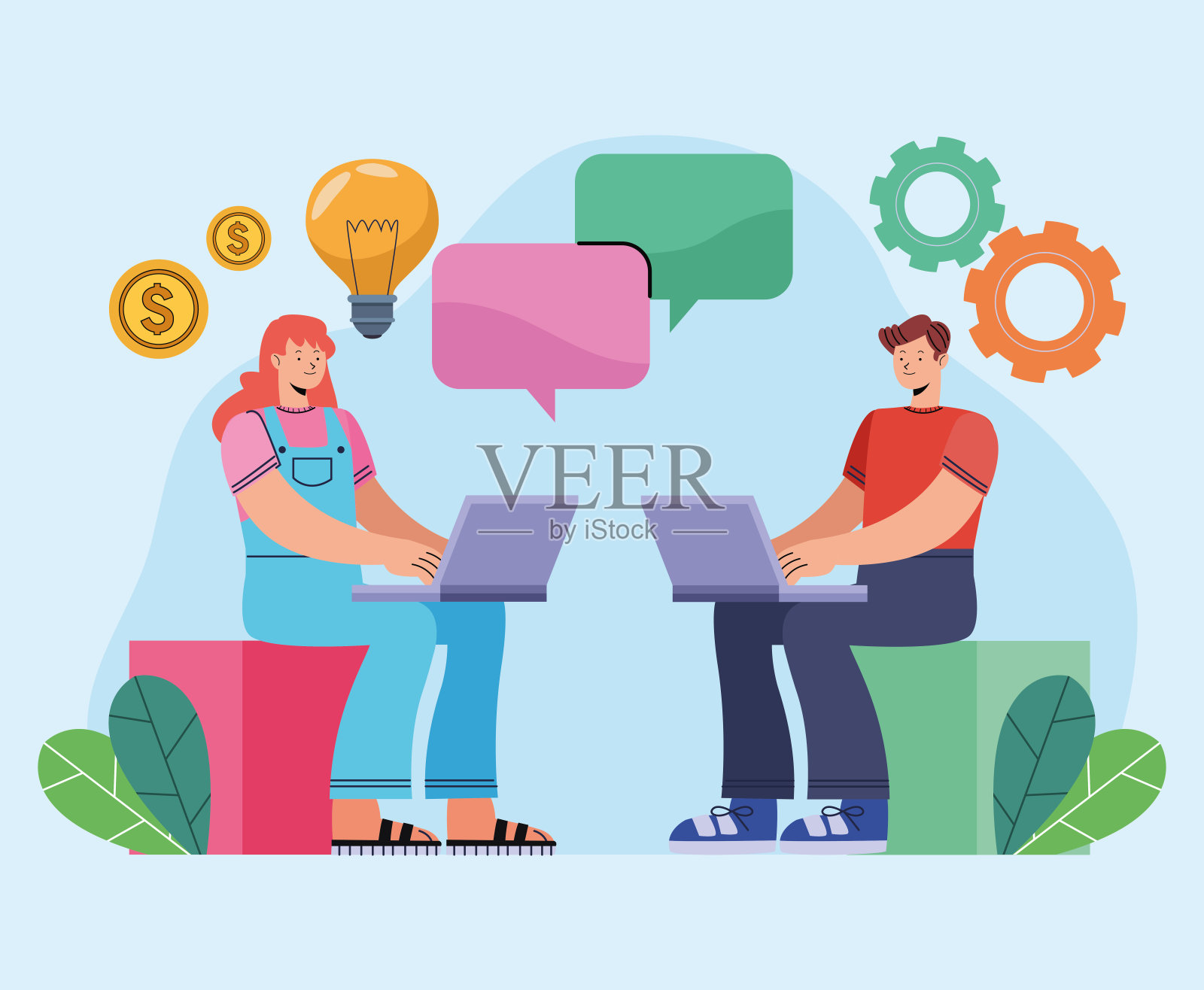 使用笔记本电脑的创新夫妇插画图片素材