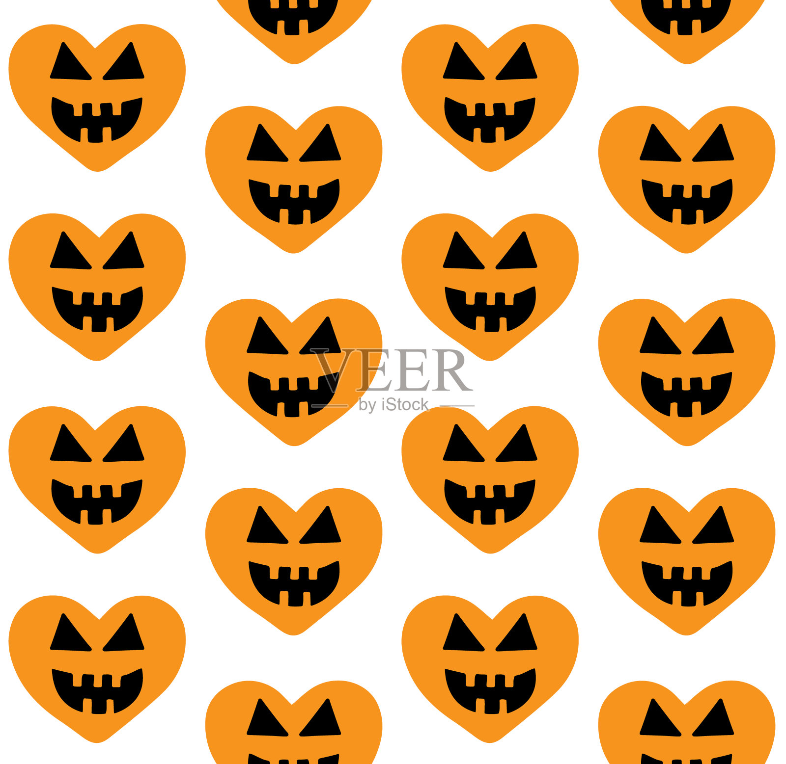 矢量无缝模式手绘涂鸦素描橙色心与万圣节南瓜可怕的脸插画图片素材