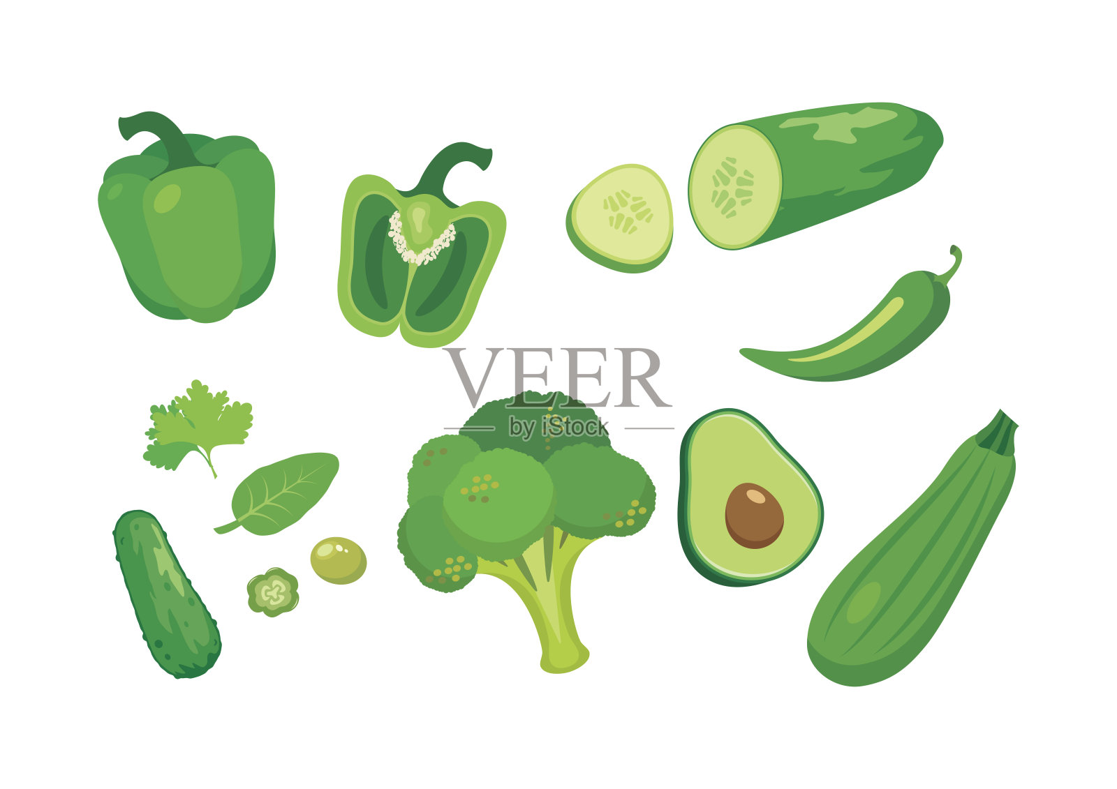 不同类型的绿色健康生蔬菜图标集合向量插画图片素材