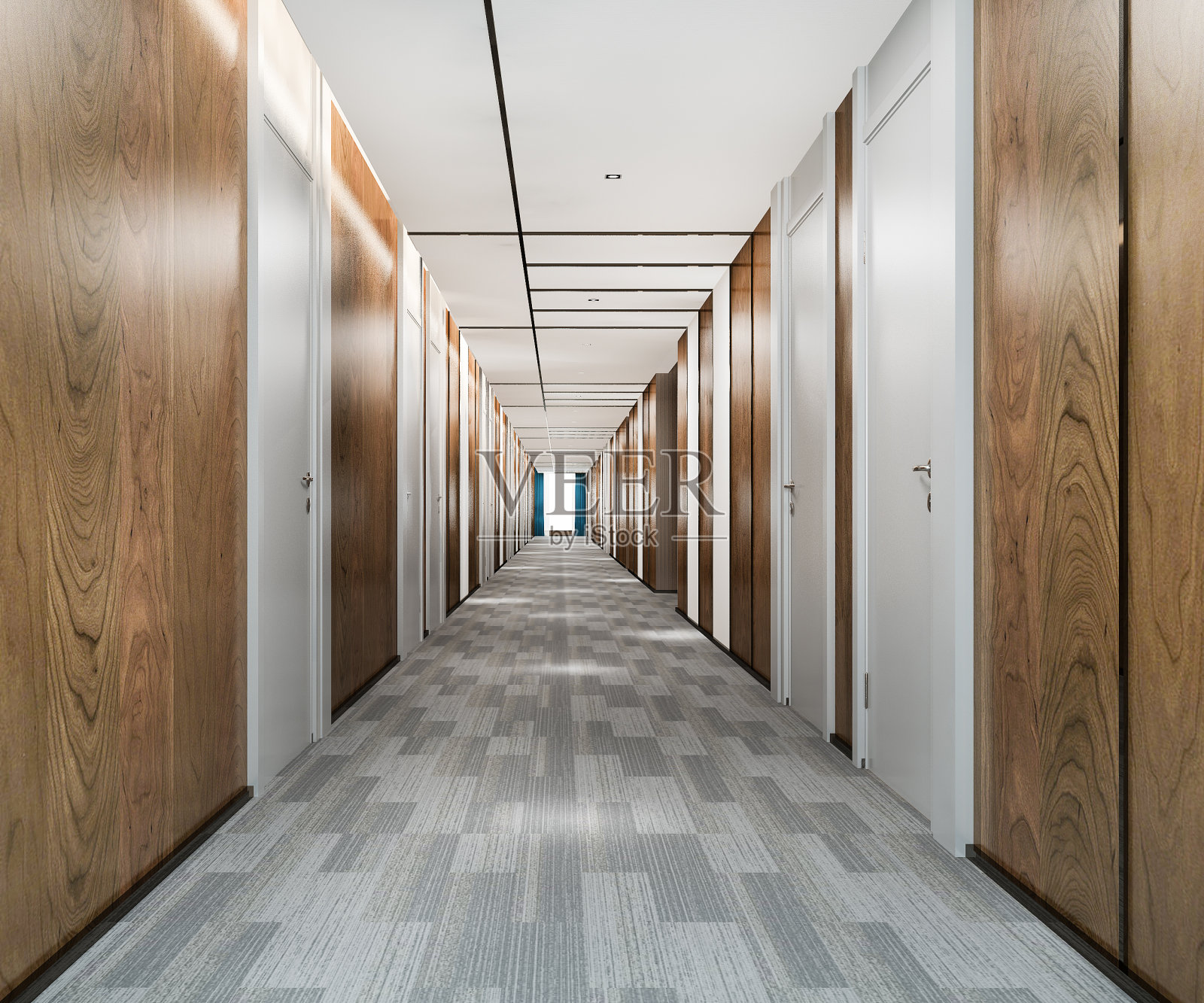 3d渲染现代豪华木材和瓷砖酒店走廊照片摄影图片