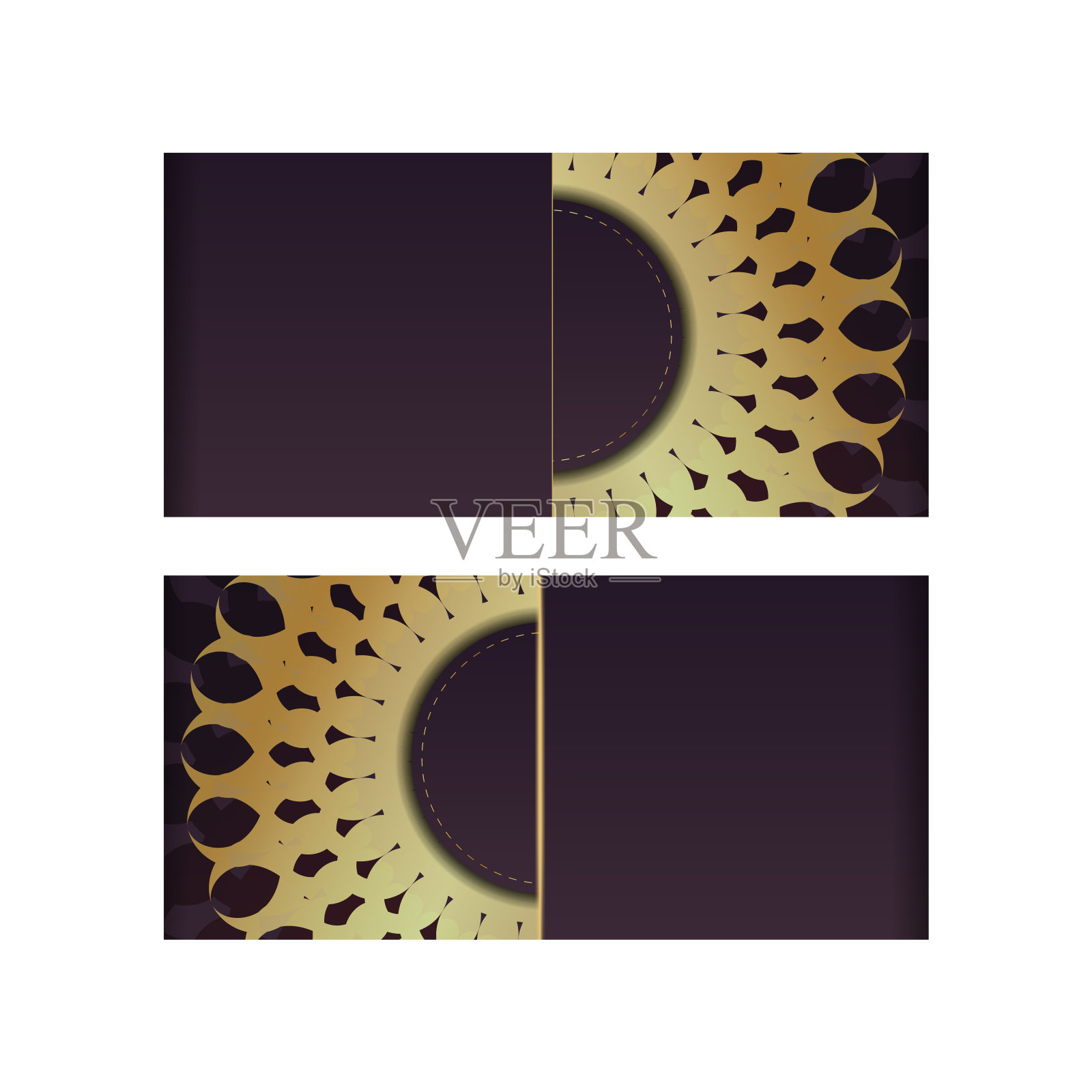 准备印刷的紫红色问候传单上有一个金色的曼荼罗图案。插画图片素材