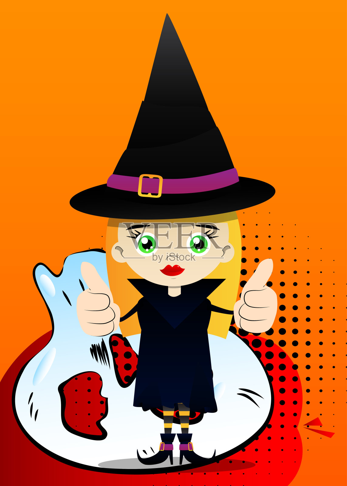 孩子们穿着万圣节服装,用两只手竖起大拇指。插画图片素材