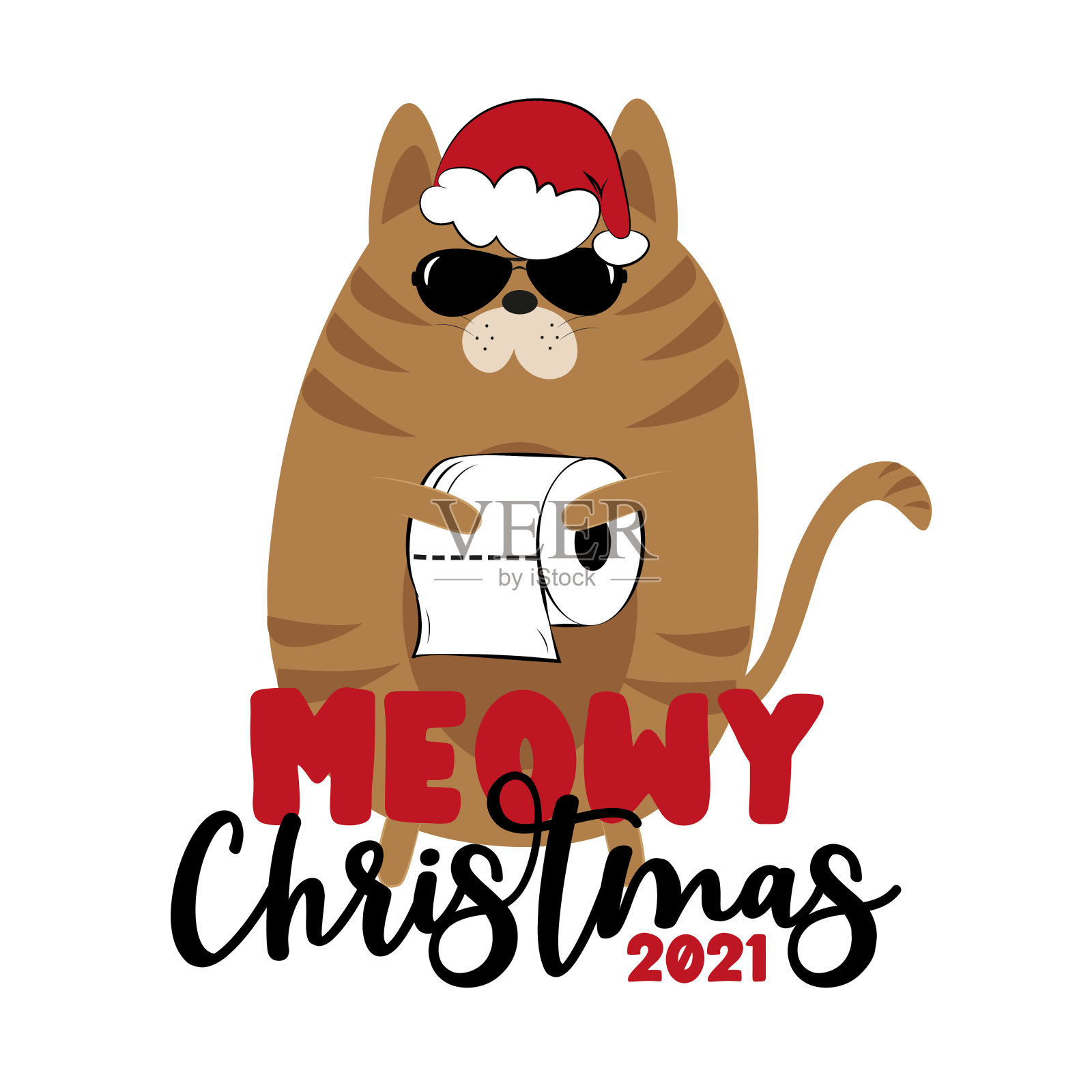喵喵圣诞2021——有卫生纸的酷猫。插画图片素材