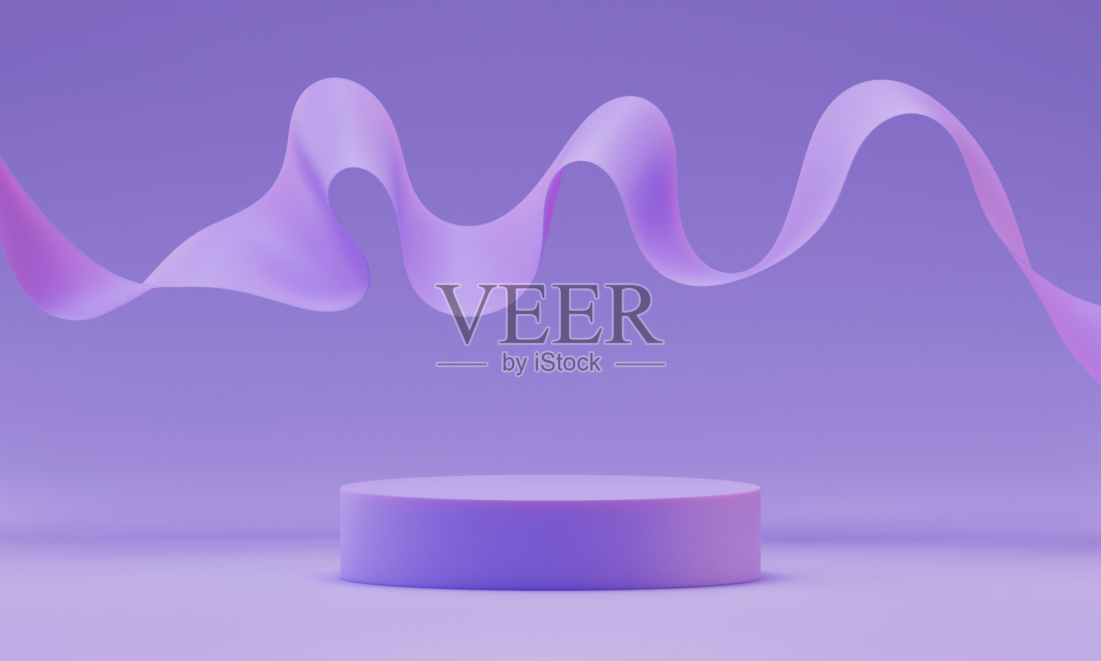 薰衣草3d模拟平台与飞行紫色丝带在一个轻的背景。产品或化妆品展示的现代平台。明亮时尚的当代背景。渲染场景。照片摄影图片