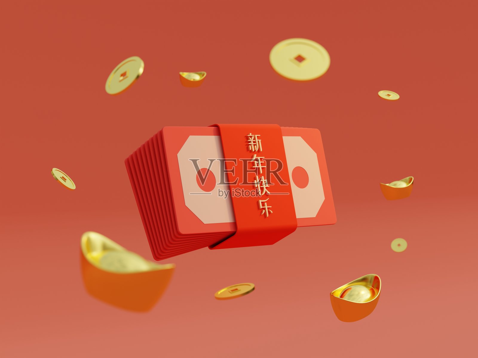 中国的压岁钱,红包,包叫昂堡,金元宝和硬币在孤立的背景。商业与星座概念(中文翻译:新年快乐)。3 d演示呈现照片摄影图片