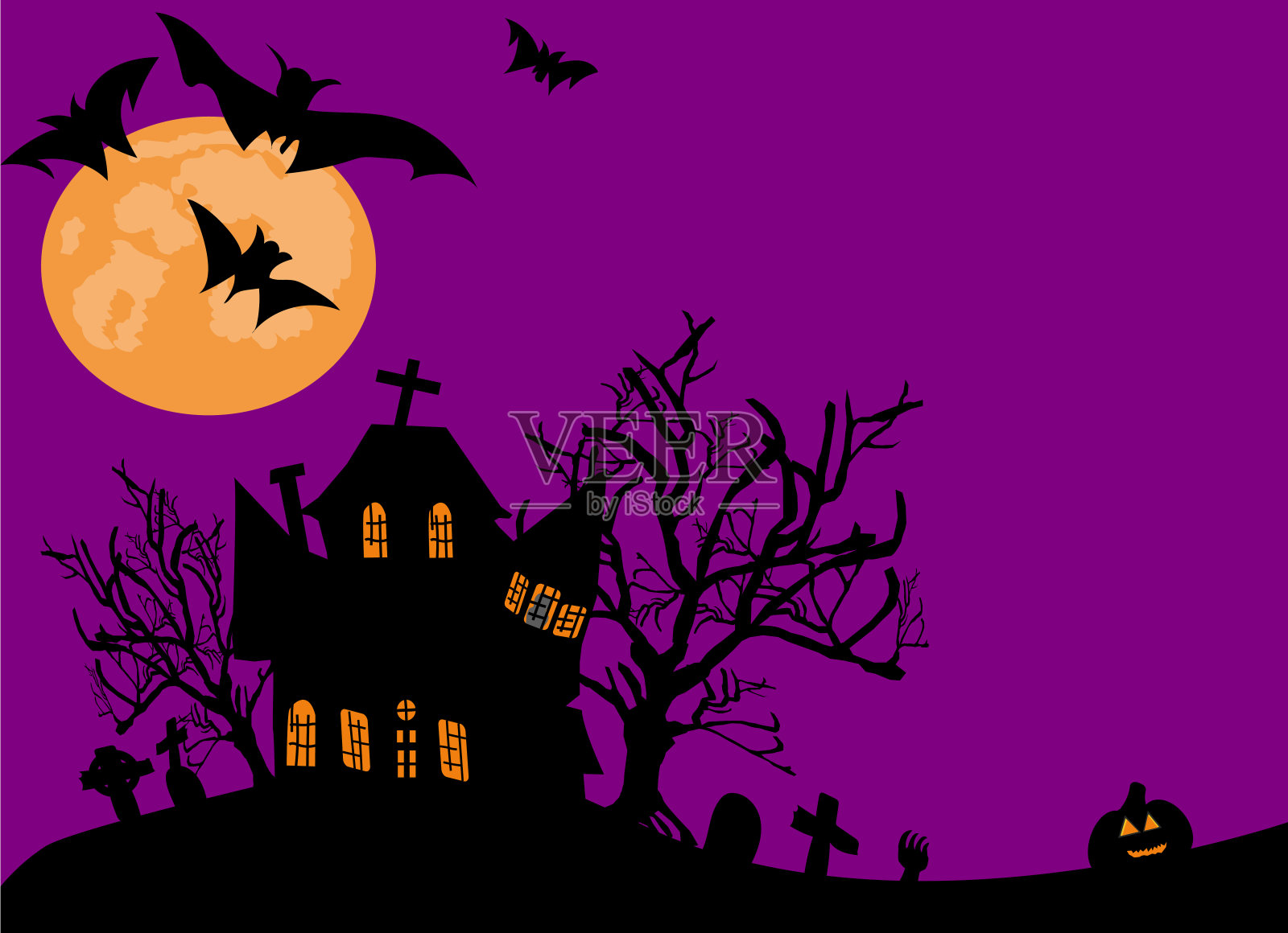 万圣节背景闹鬼的房子墓地死树墓园和杰克灯笼装饰,蝙蝠飞和月亮插画图片素材