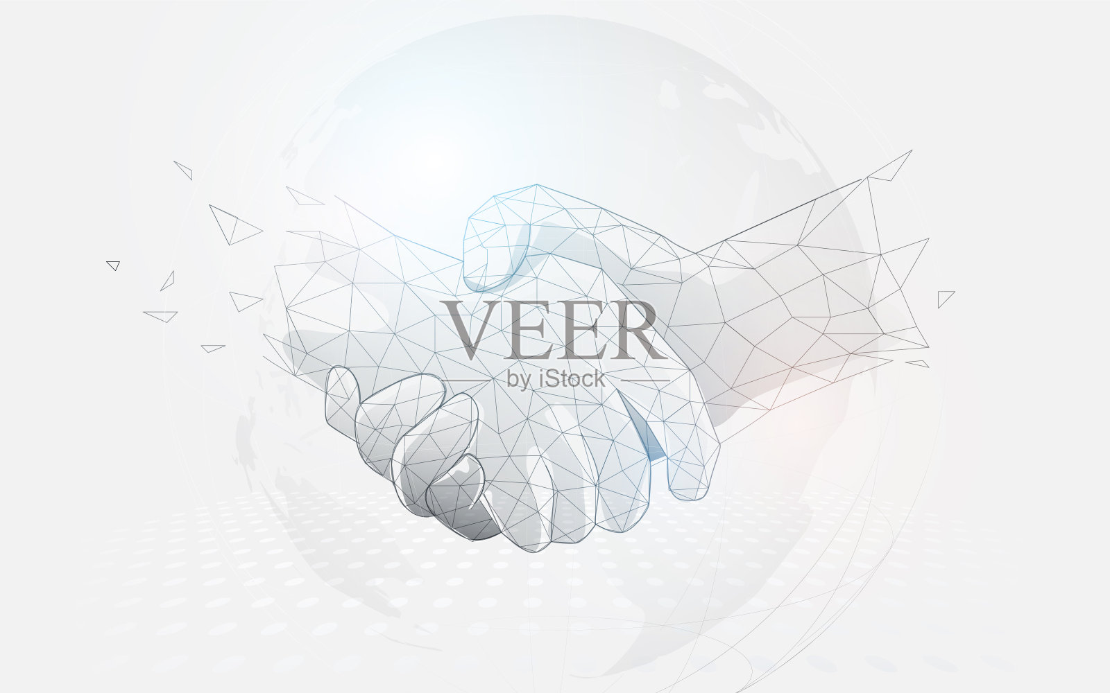 商人们在世界地图上握手。低多边形线,三角形,和粒子样式设计。抽象几何线框光连接结构插画图片素材