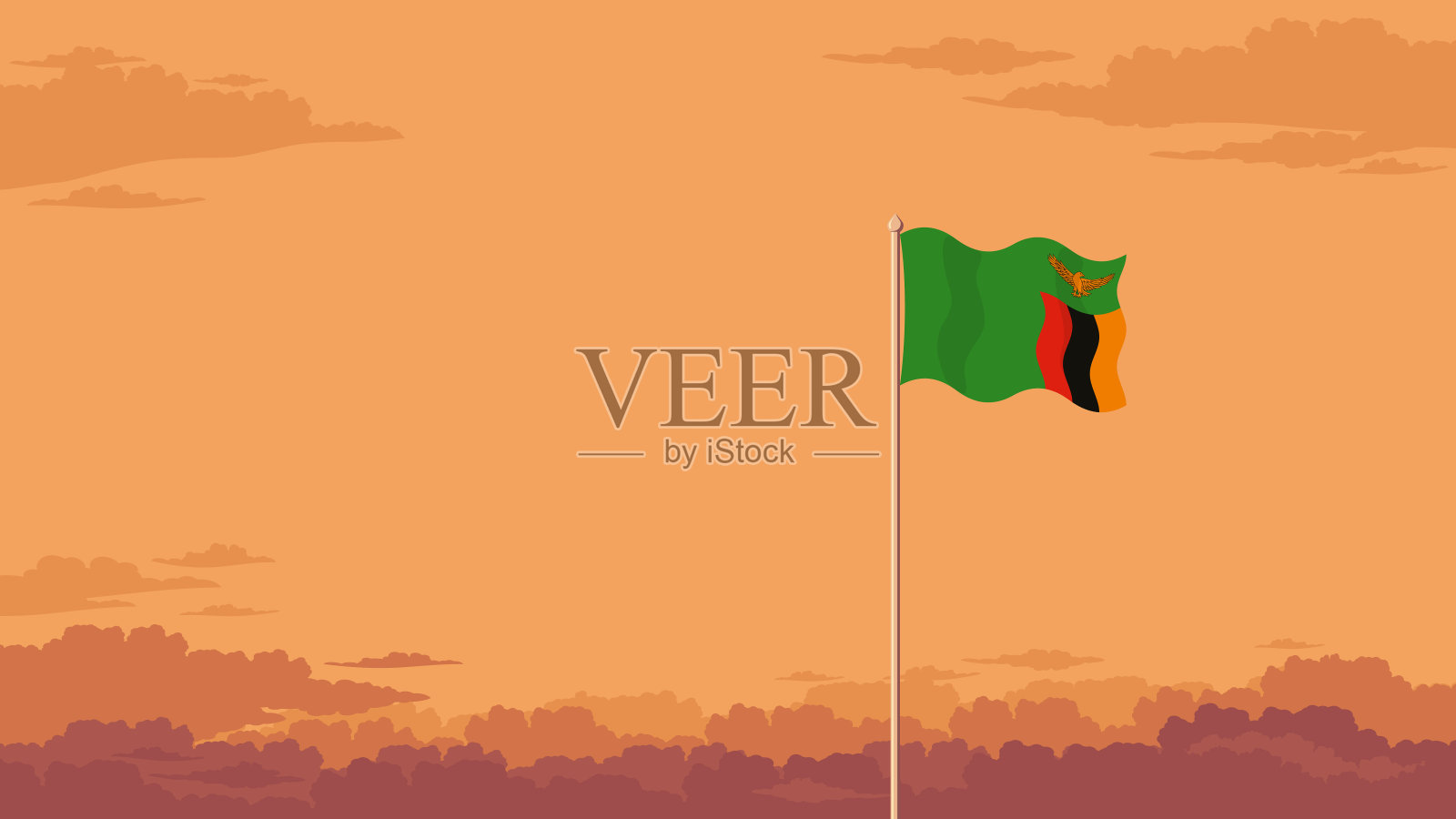 在多云的天空背景前飘扬的赞比亚国旗。插画图片素材