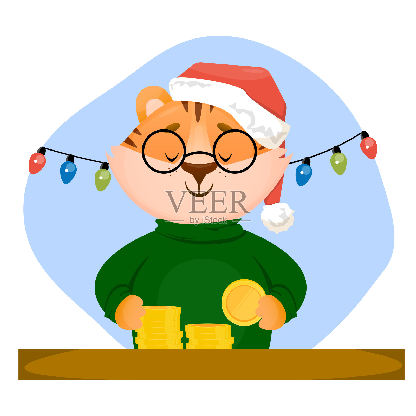 有趣的小老虎宝宝在新年的圣诞老人的帽子数硬币钱。冬季矢量人物插图在平面风格。插画图片素材