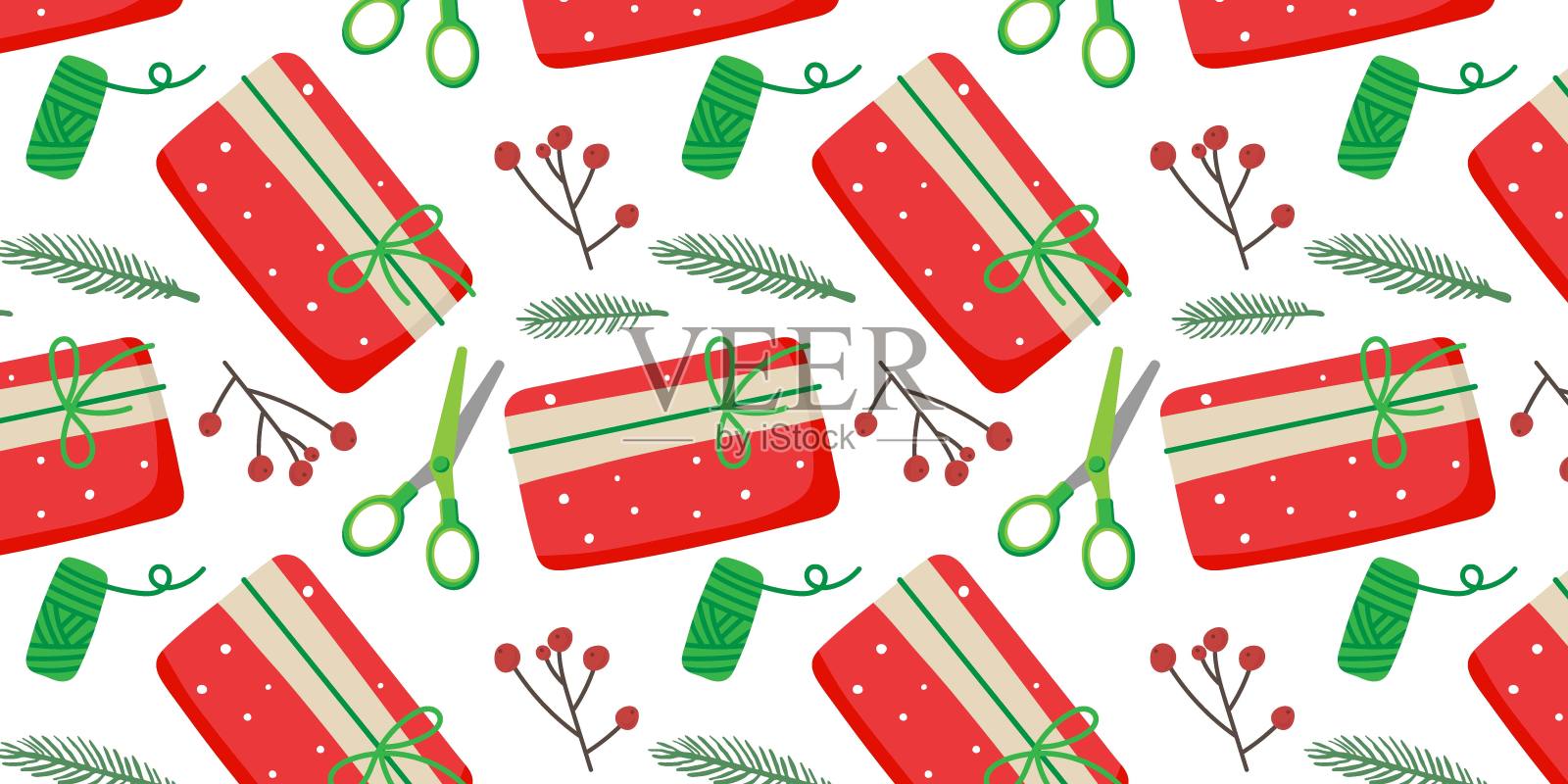 圣诞节无缝模式。为圣诞节和新年做准备。云杉树枝,剪刀,浆果,线圈,礼物包装在红纸。重复插图纺织品,包装纸,墙纸。插画图片素材