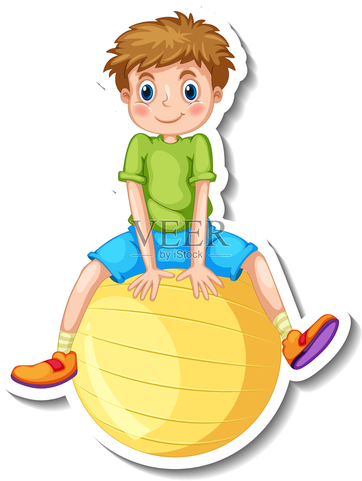 贴纸模板上有一个男孩坐在黄色的设计元素图片