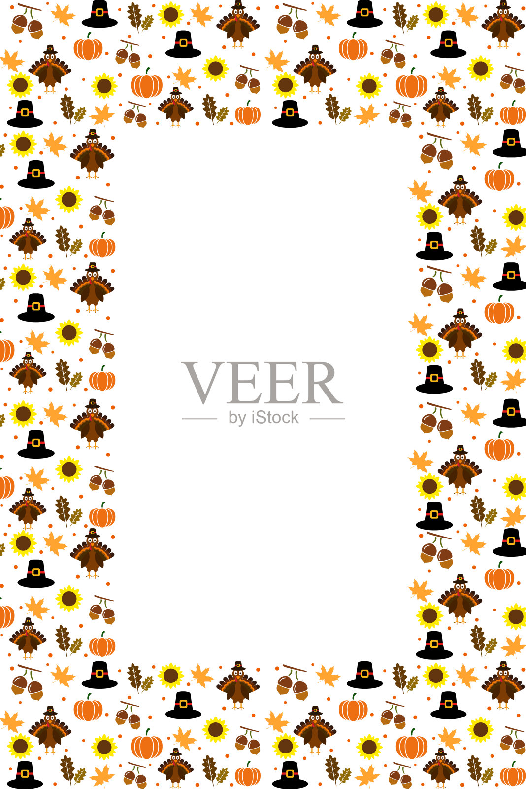 白色背景的秋季感恩节快乐海报。空的感恩节贺卡有框帽子,火鸡,树叶,枫木,向日葵,南瓜插画图片素材