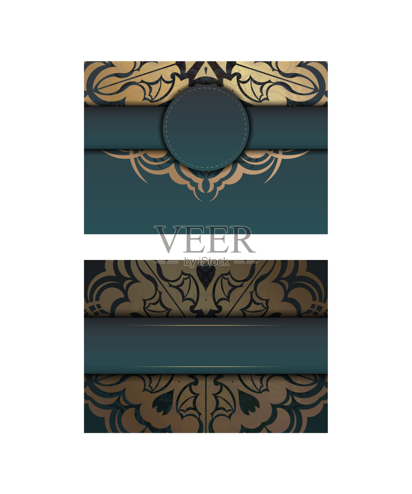 为排版准备的绿色渐变传单与金色曼荼罗图案。插画图片素材