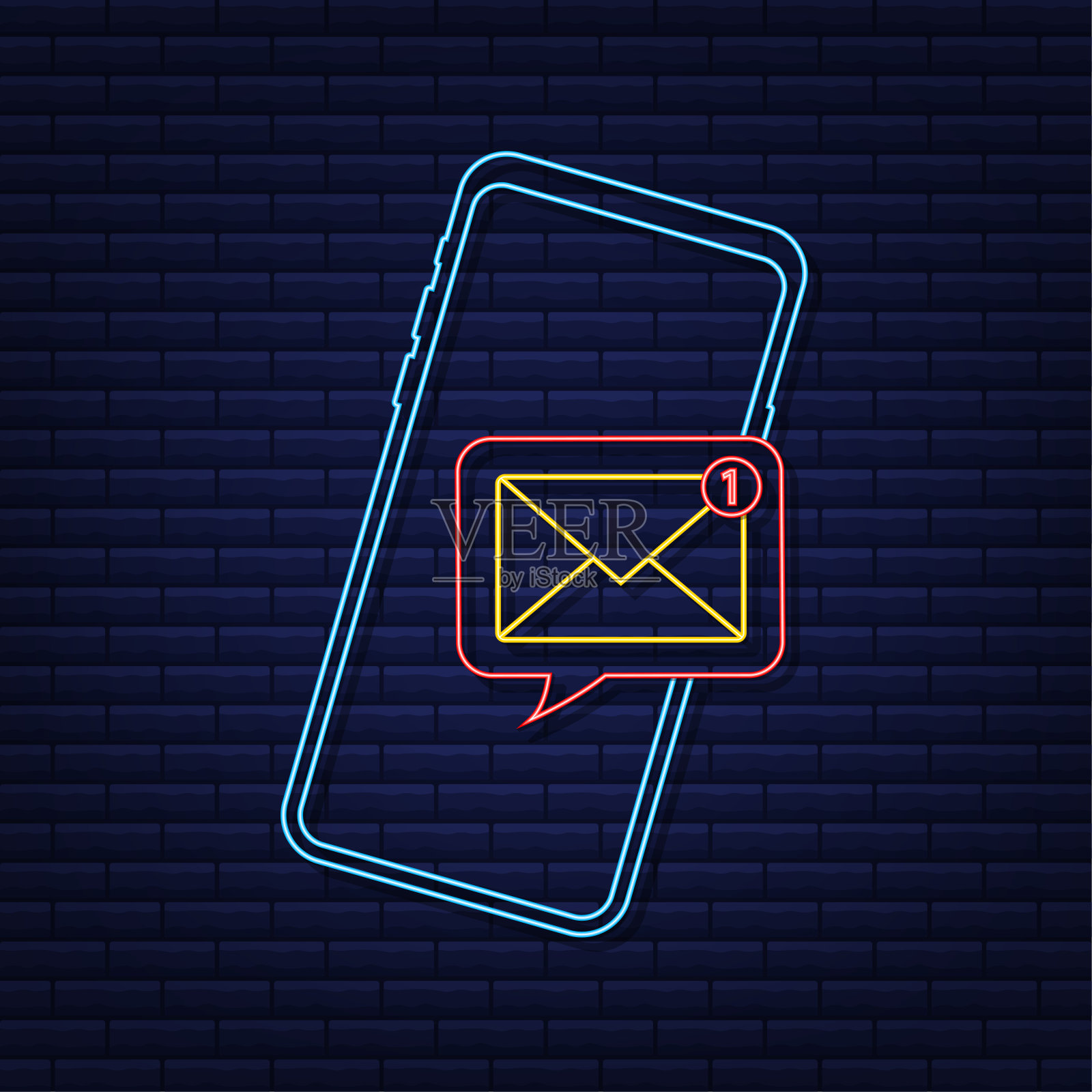 电子邮件通知的概念。霓虹灯图标。智能手机屏幕上的新电子邮件。矢量插图。插画图片素材