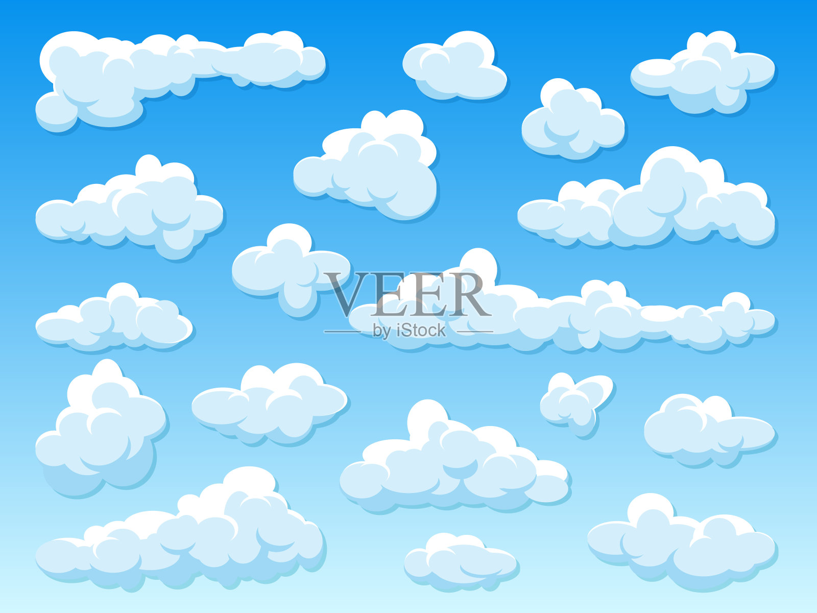 各种圆形云与阴影在蓝色渐变背景。夏天天空全景。简单的卡通云。平面设计。矢量图插画图片素材