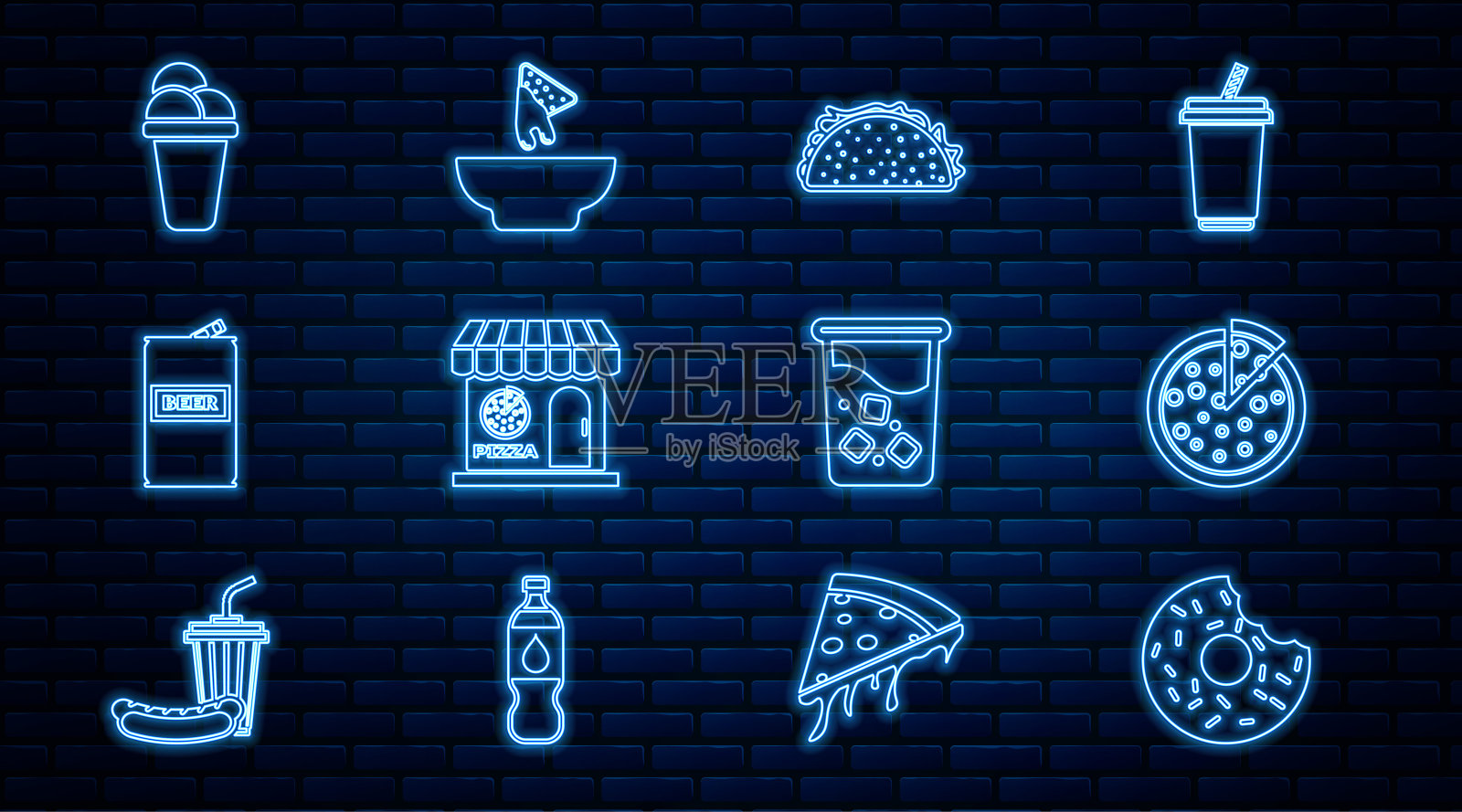 设置线甜甜圈,披萨,玉米饼,披萨建筑立面,啤酒罐,冰淇淋,玻璃水和玉米片盘图标。向量插画图片素材