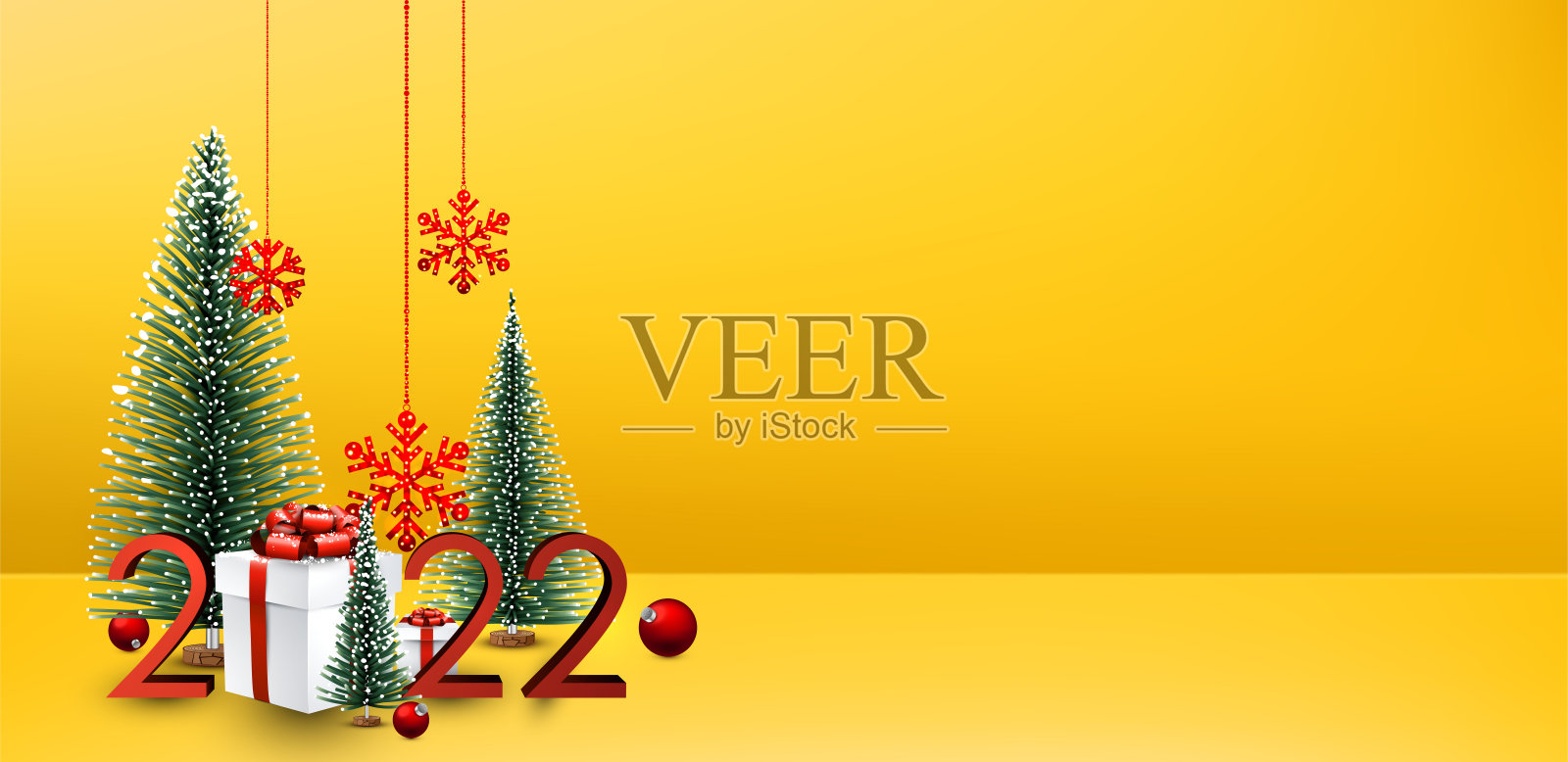 2022年圣诞节雪花冷杉,礼品盒,小玩意。插画图片素材