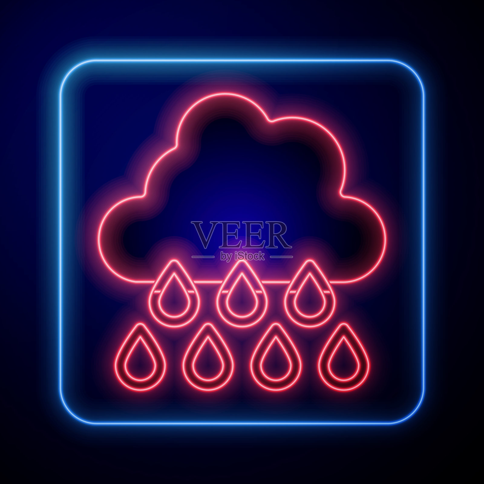 发光的霓虹灯云与雨图标孤立插画图片素材