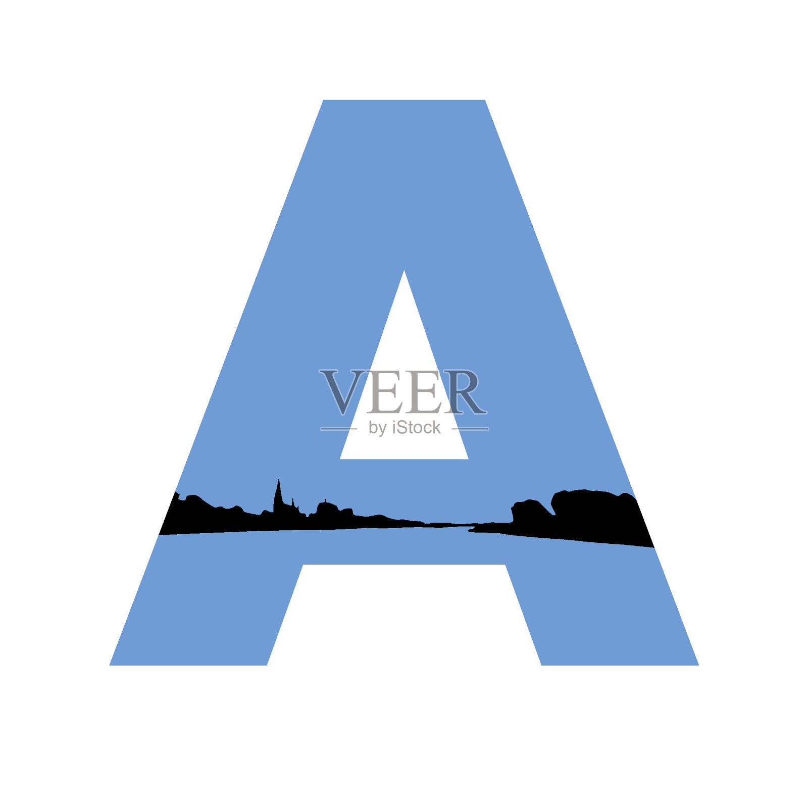 蓝色背景下的字母A和一个村庄的剪影,孤立在白色背景上照片摄影图片