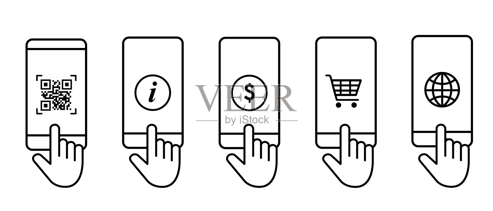 二维码扫描支付步骤与智能手机矢量图标设置图标素材