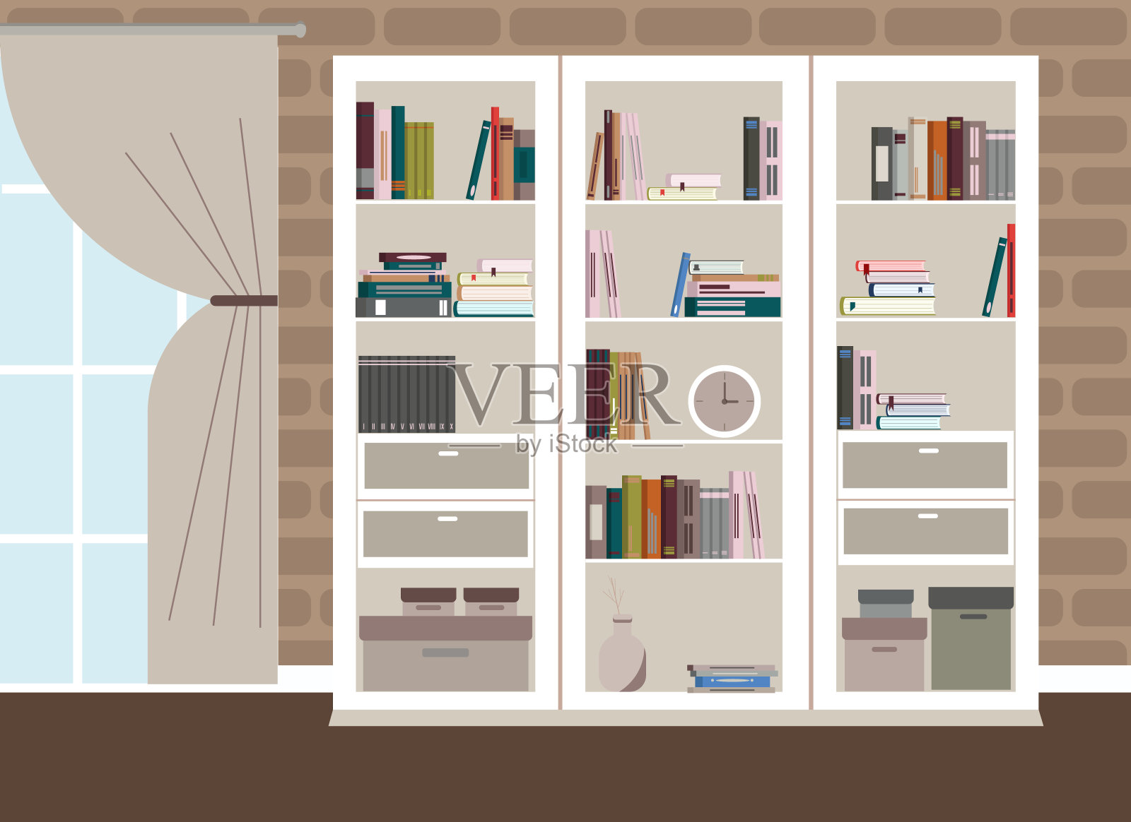 经典的客厅内饰有落地窗和一个有很多书的衣柜插画图片素材