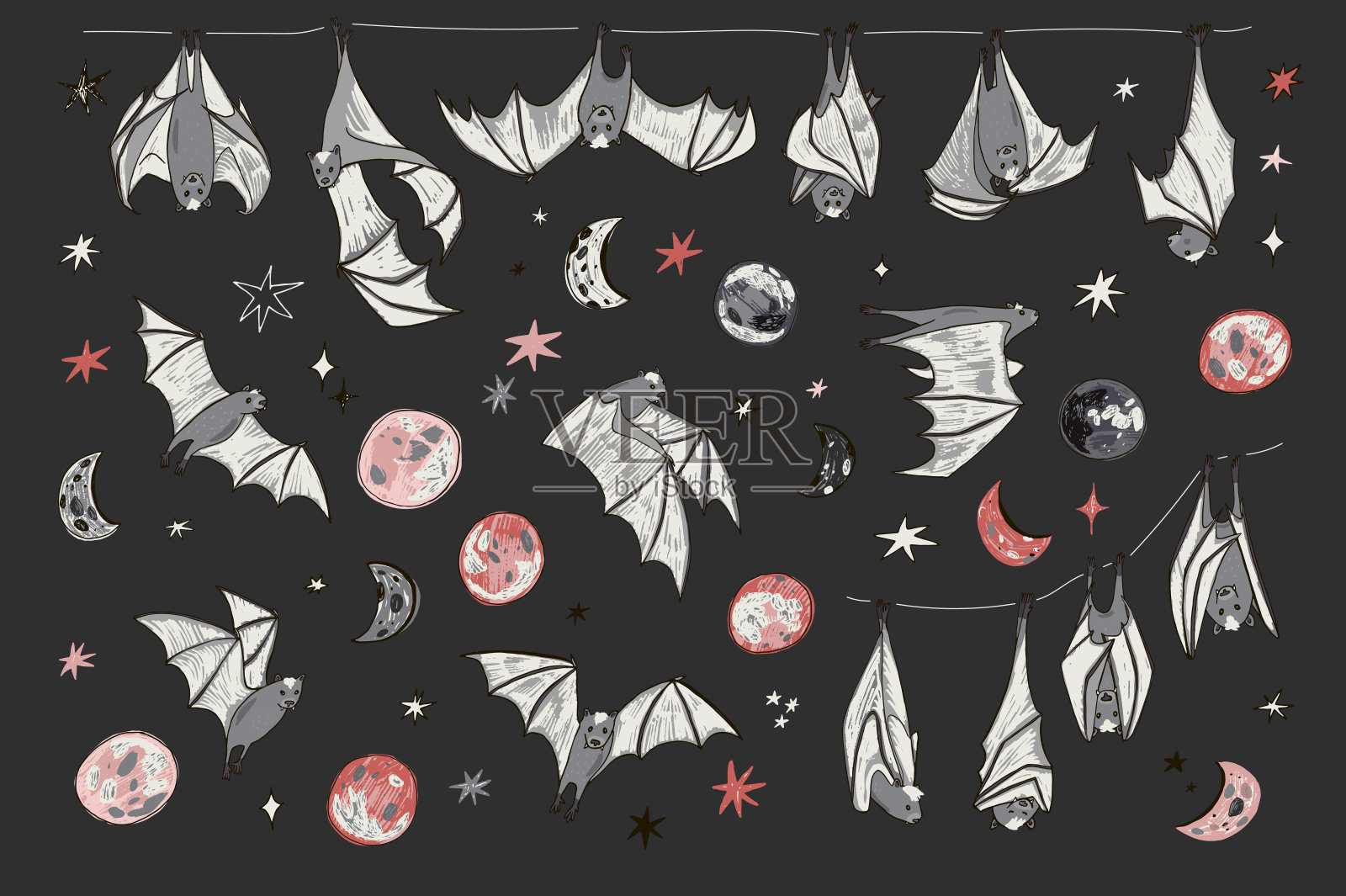 万圣节蝙蝠插图与月亮和星星向量集插画图片素材